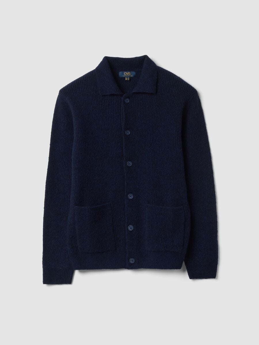 Cardigan blu navy in lana elasticizzata colletto polo_0