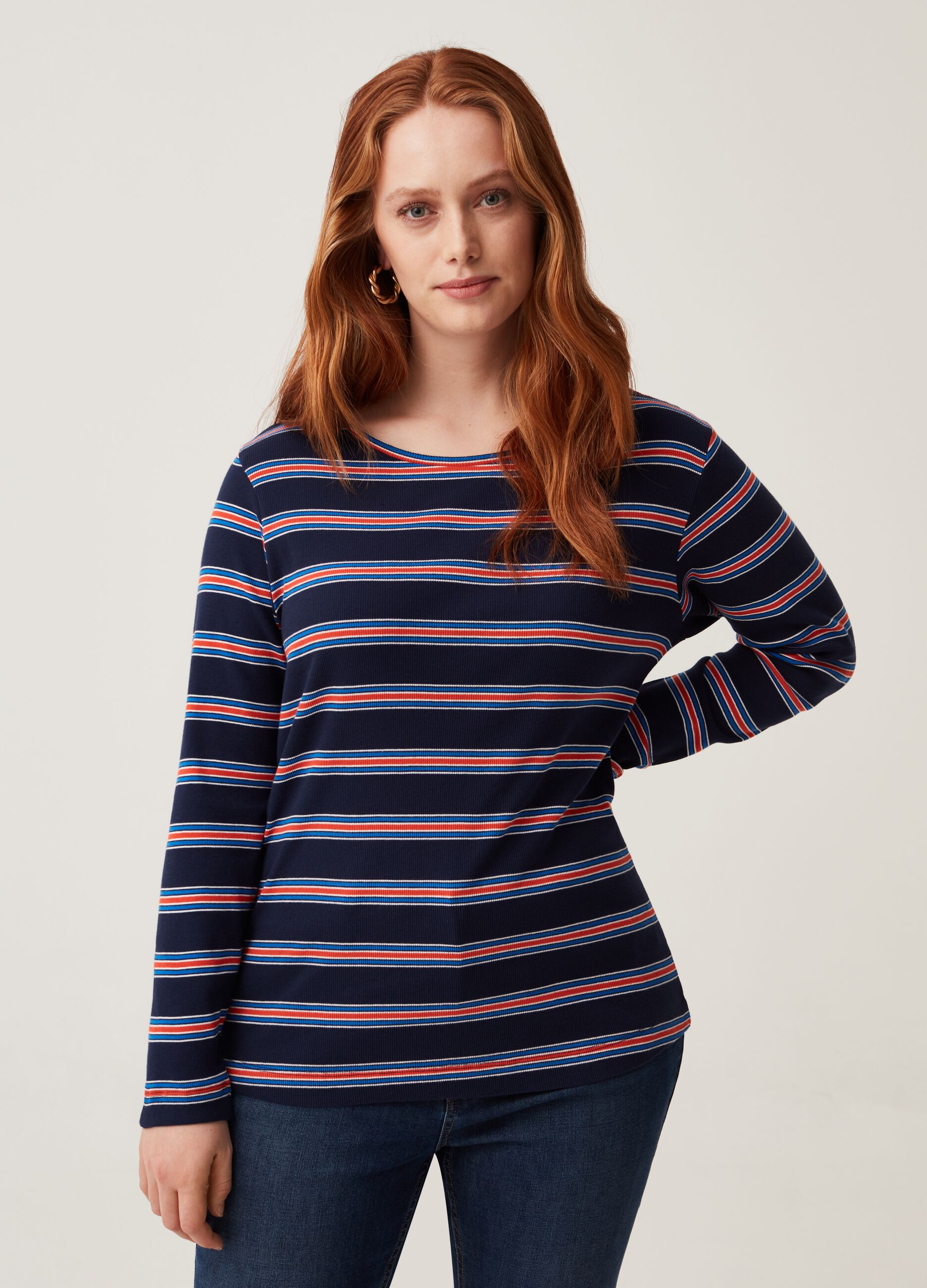 T-shirt a costine con righe sottili Curvy MYA_1