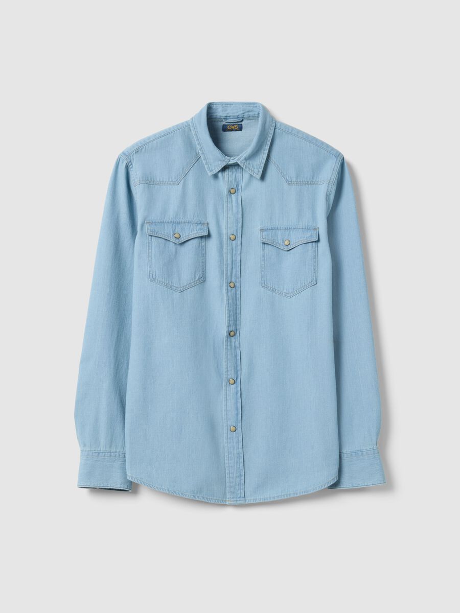 Light blue denim pure cotton shirt regular fit with pockets_4