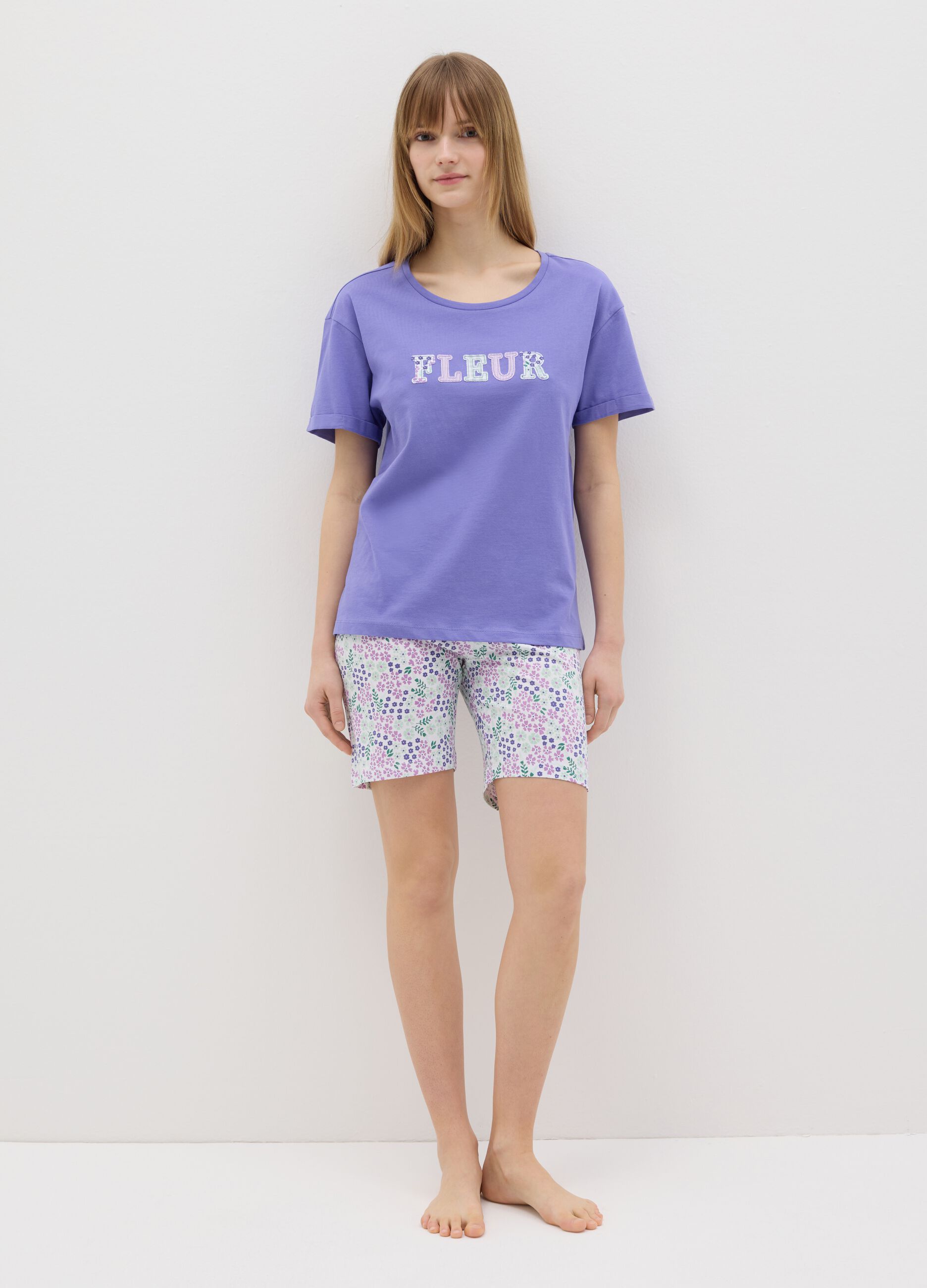 Purple pyjama top with "Fleur" embroidery