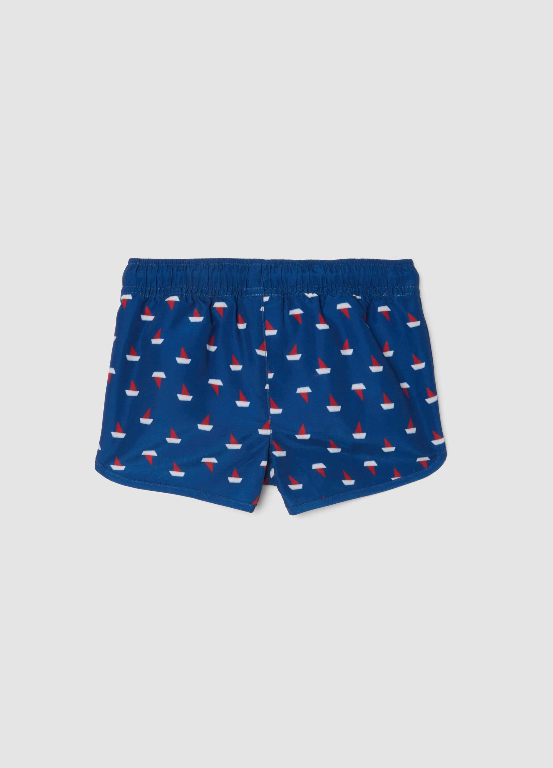 Boys&rsquo; blue boxer swim shorts with little boat print