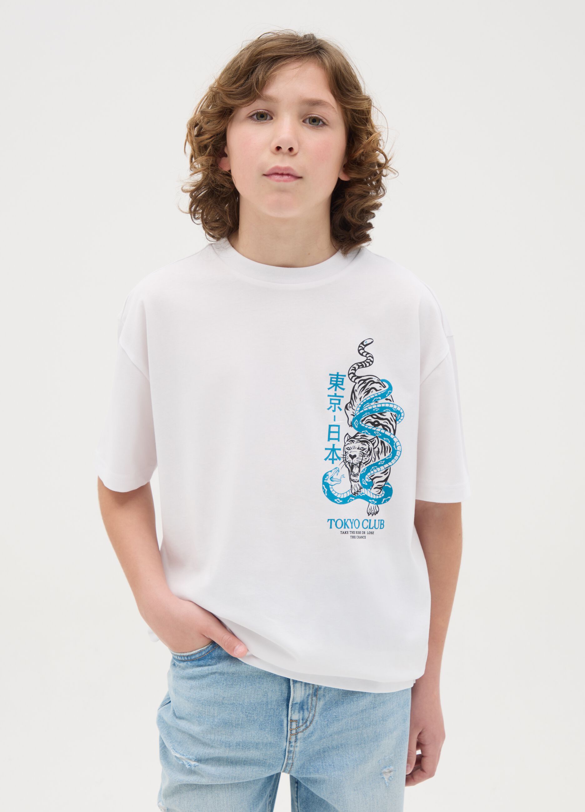 Cotton T-shirt with tigers and “TOKYO CLUB” print