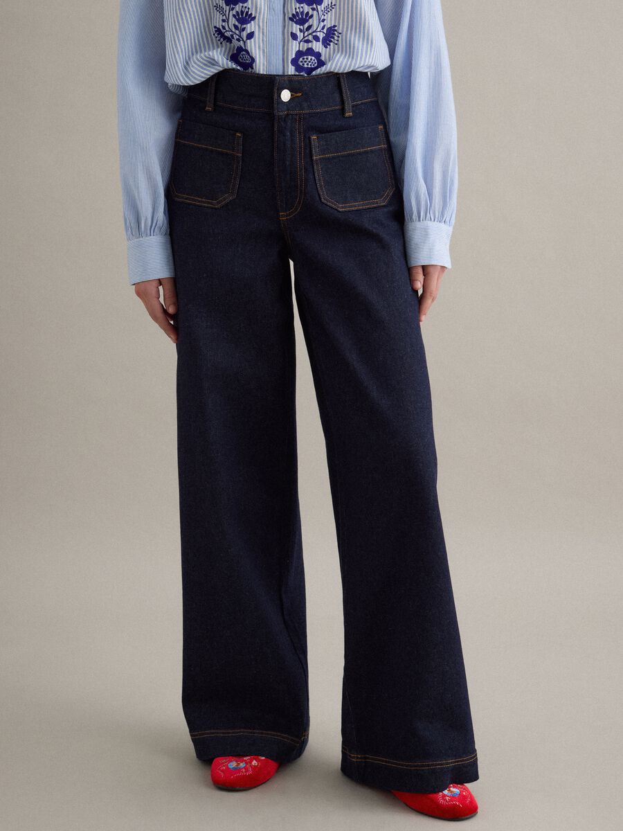 Jeans in cotone denim blu a gamba larga_1