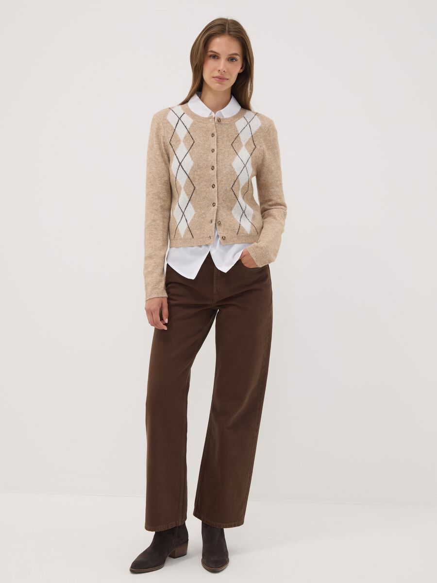 Cardigan beige in lana elasticizzata jacquard girocollo regular fit_1