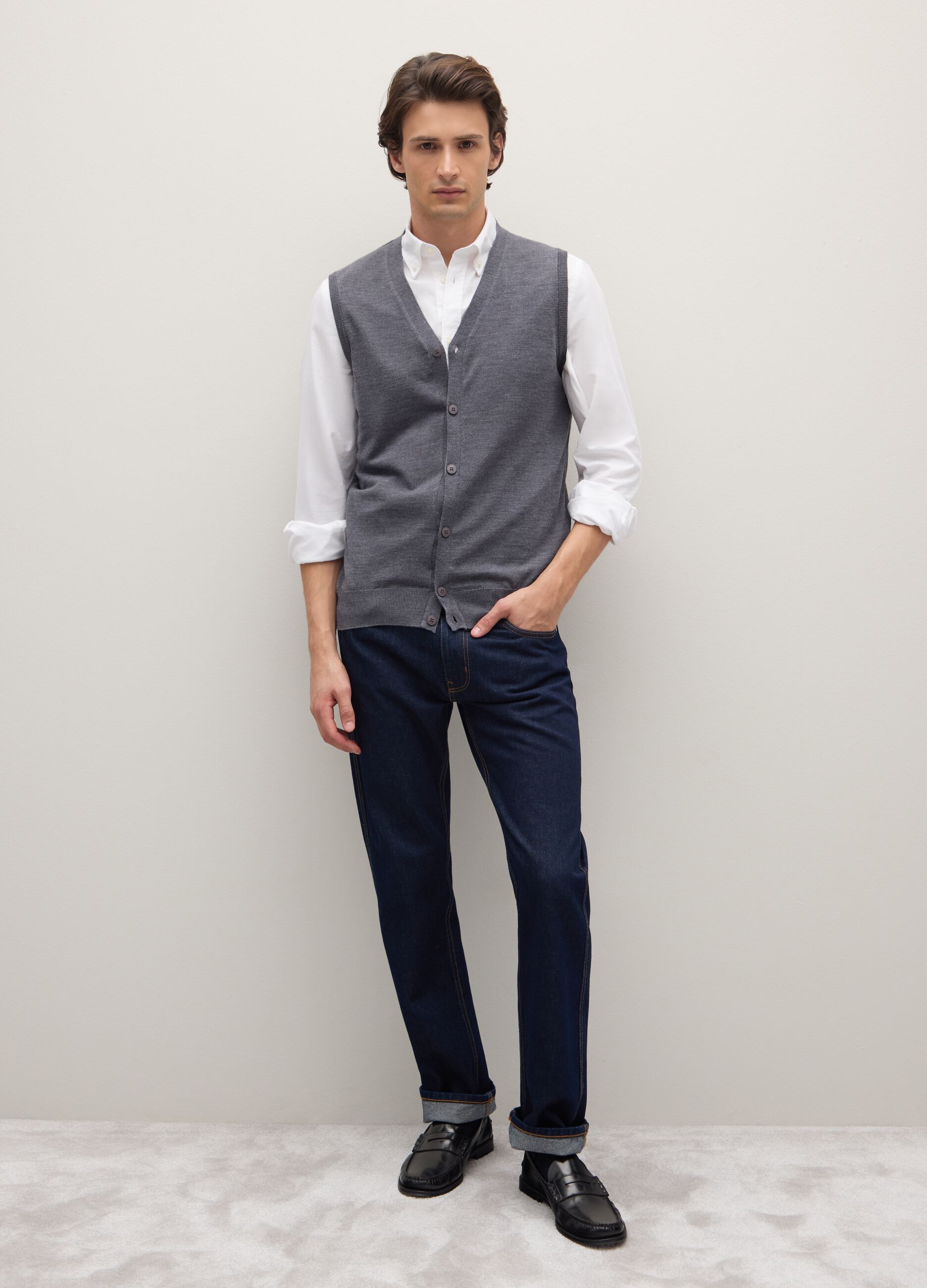 Grey merino wool regular fit waistcoat