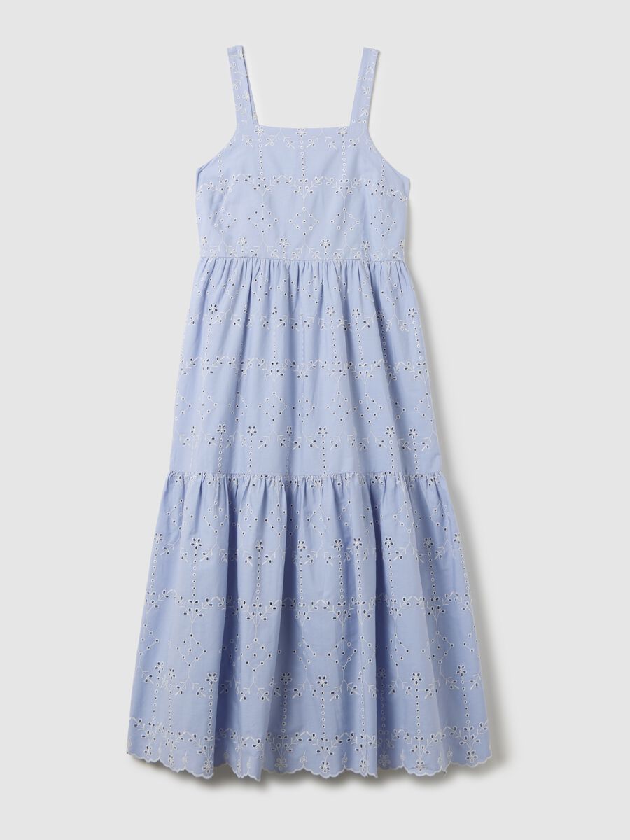 Women's long blue pure cotton dress with wide fit and ruffles_4