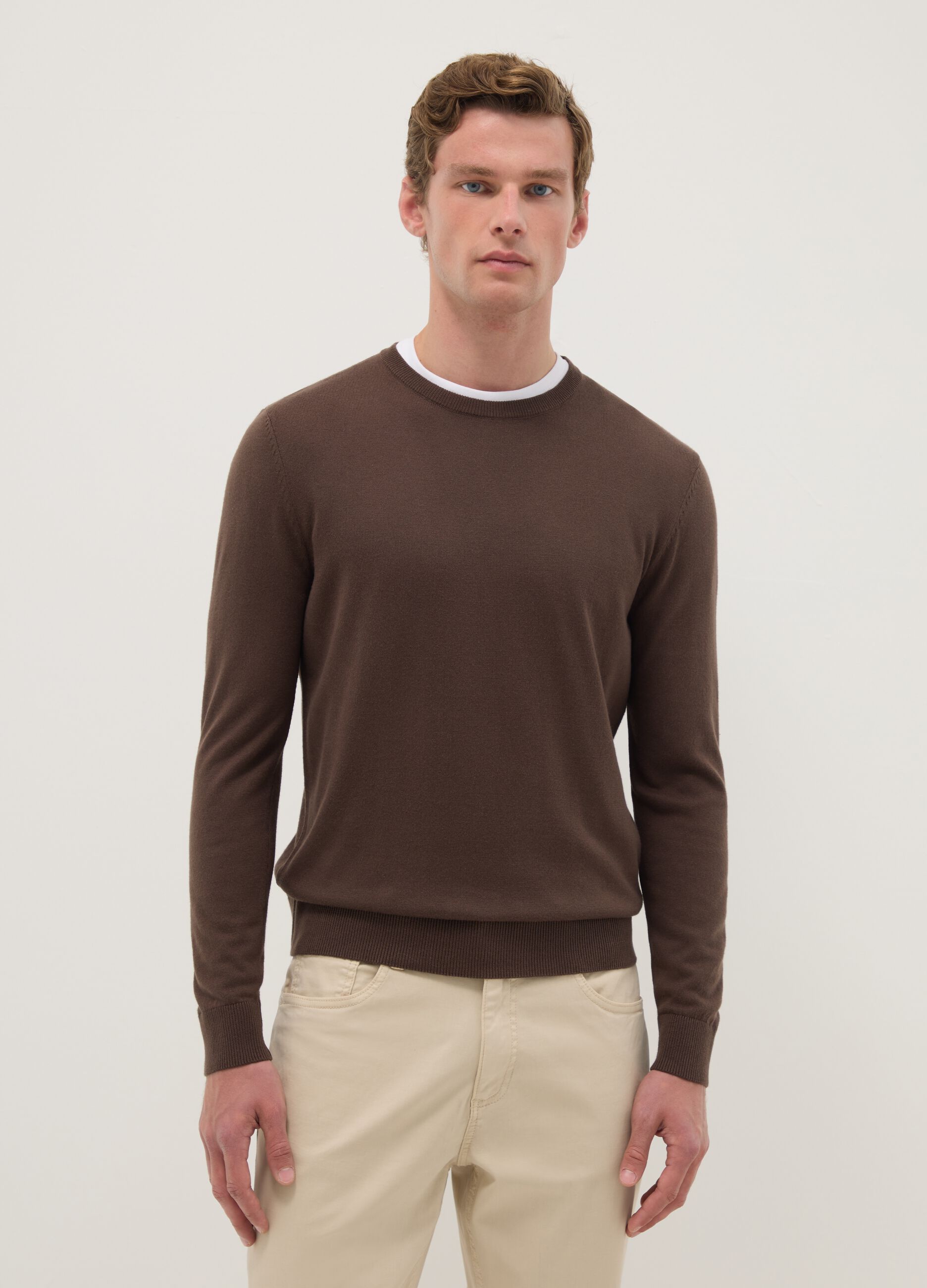 Brown crew neck cotton blend regular fit sweater