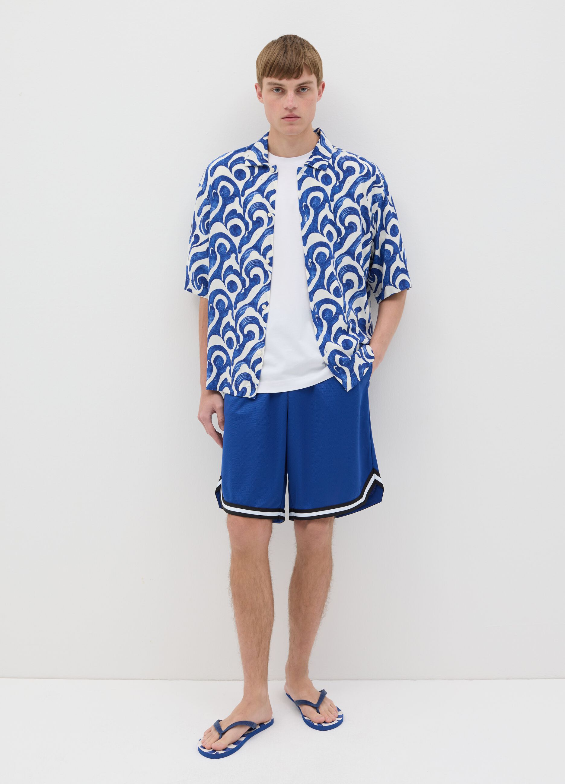 Oversized blue patterned viscose shirt