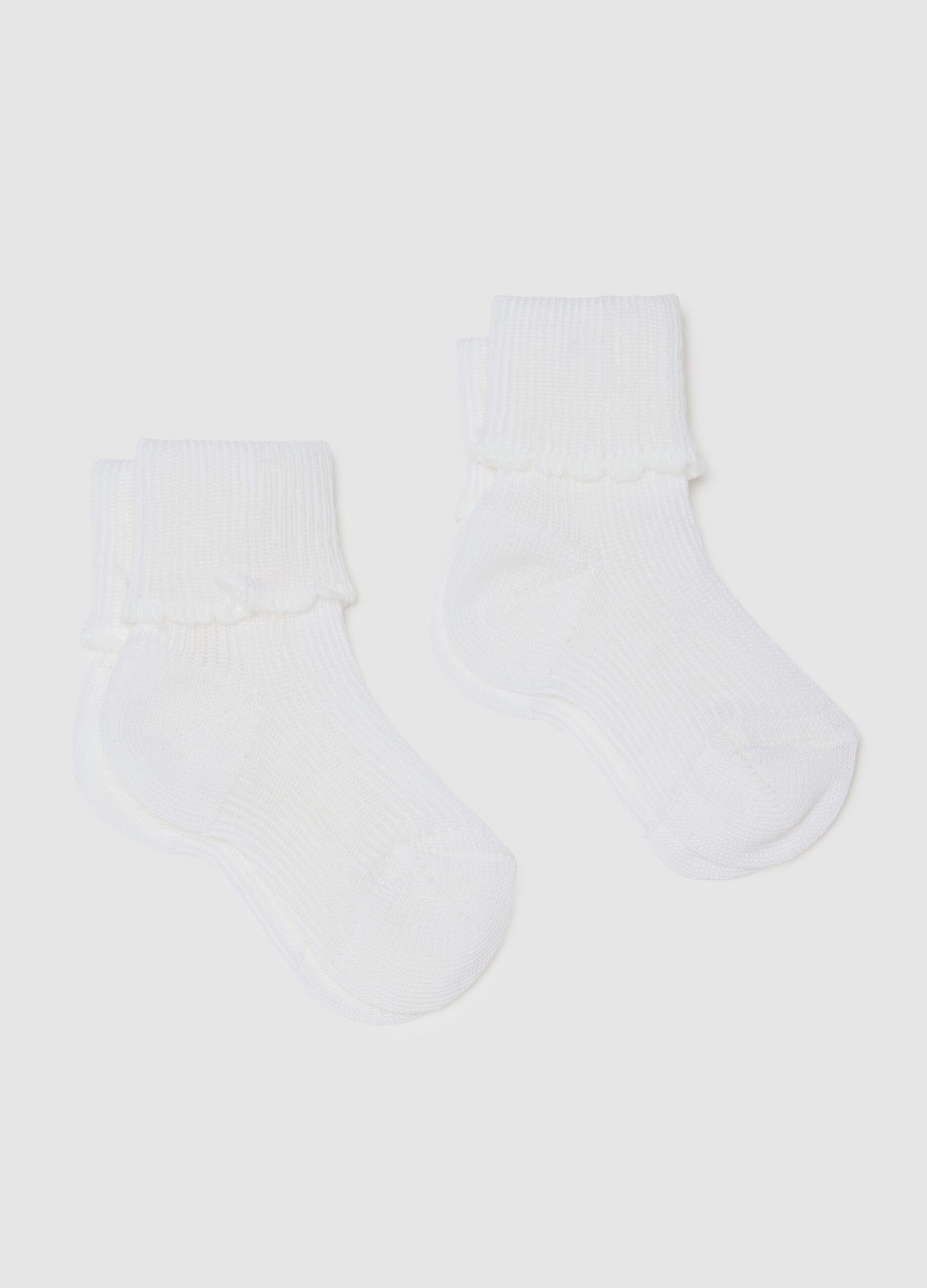 Newborn twin pack of white wool blend socks with ribbed cuff