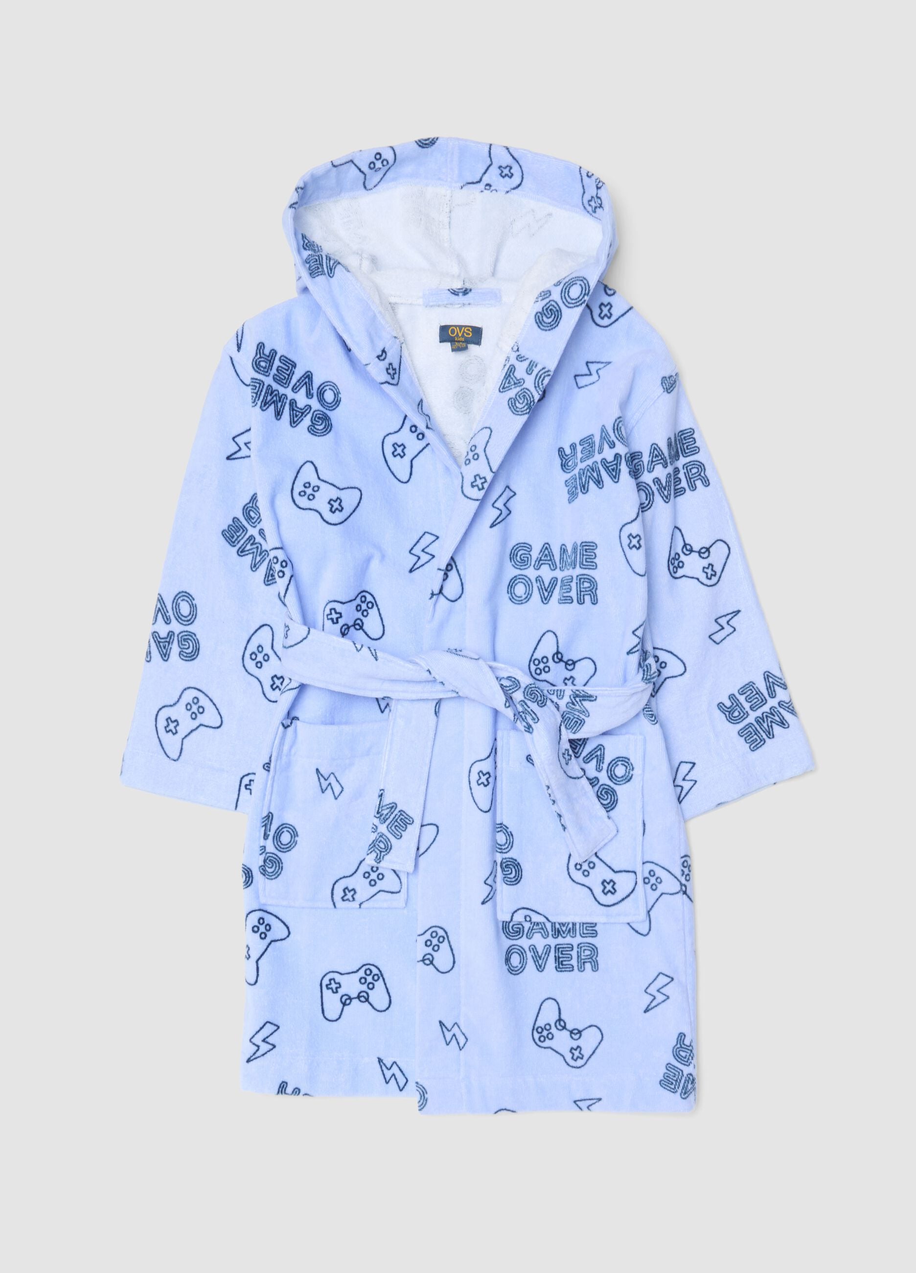 Light blue pure organic cotton hooded bathrobe