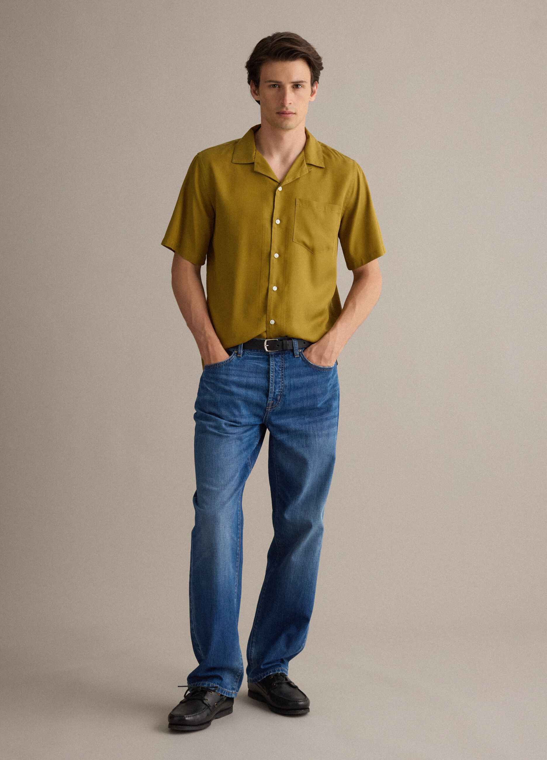Yellow pure lyocell regular-fit shirt with bowling collar