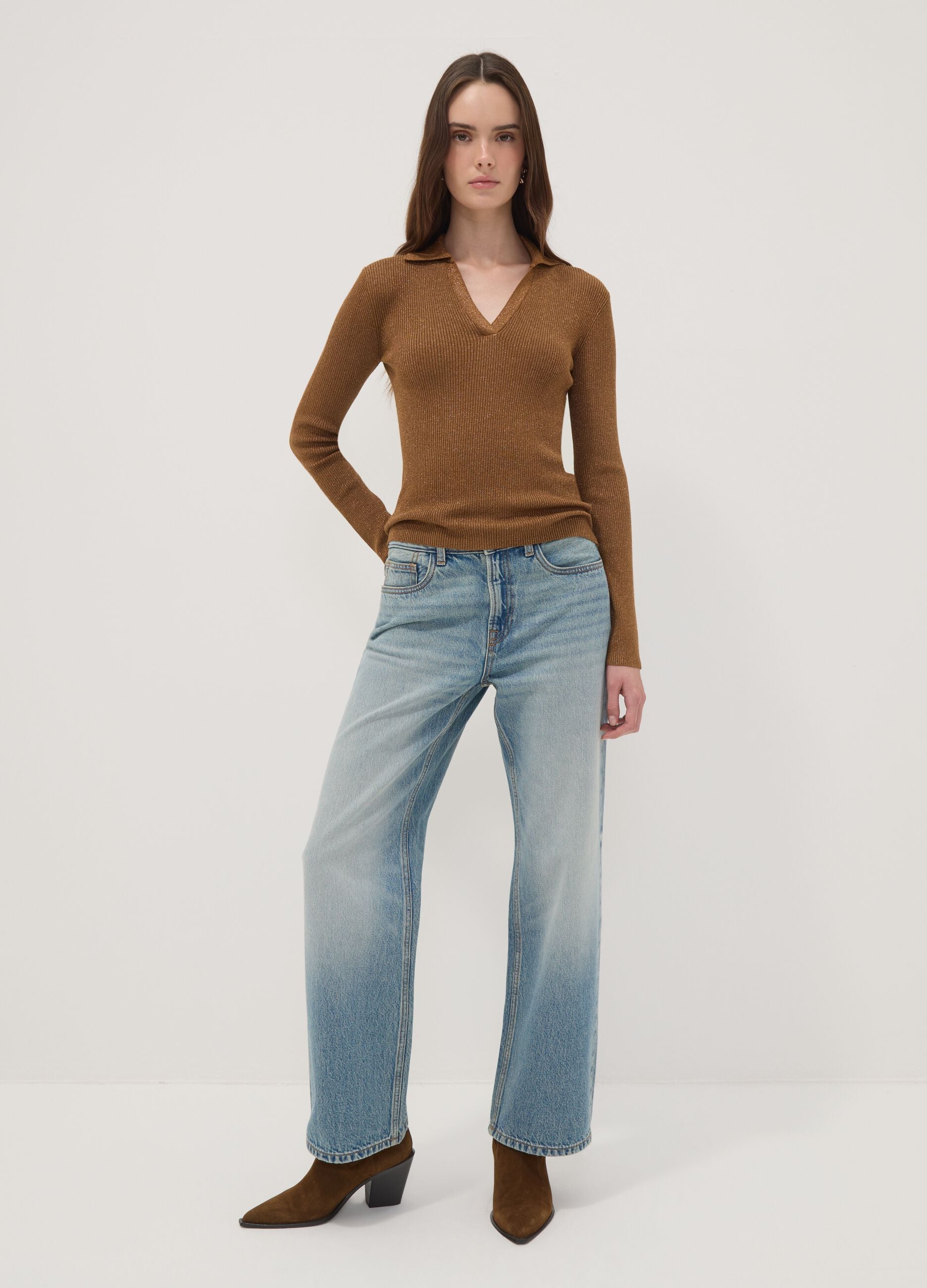Brown ribbed viscose-blend polo-collar top
