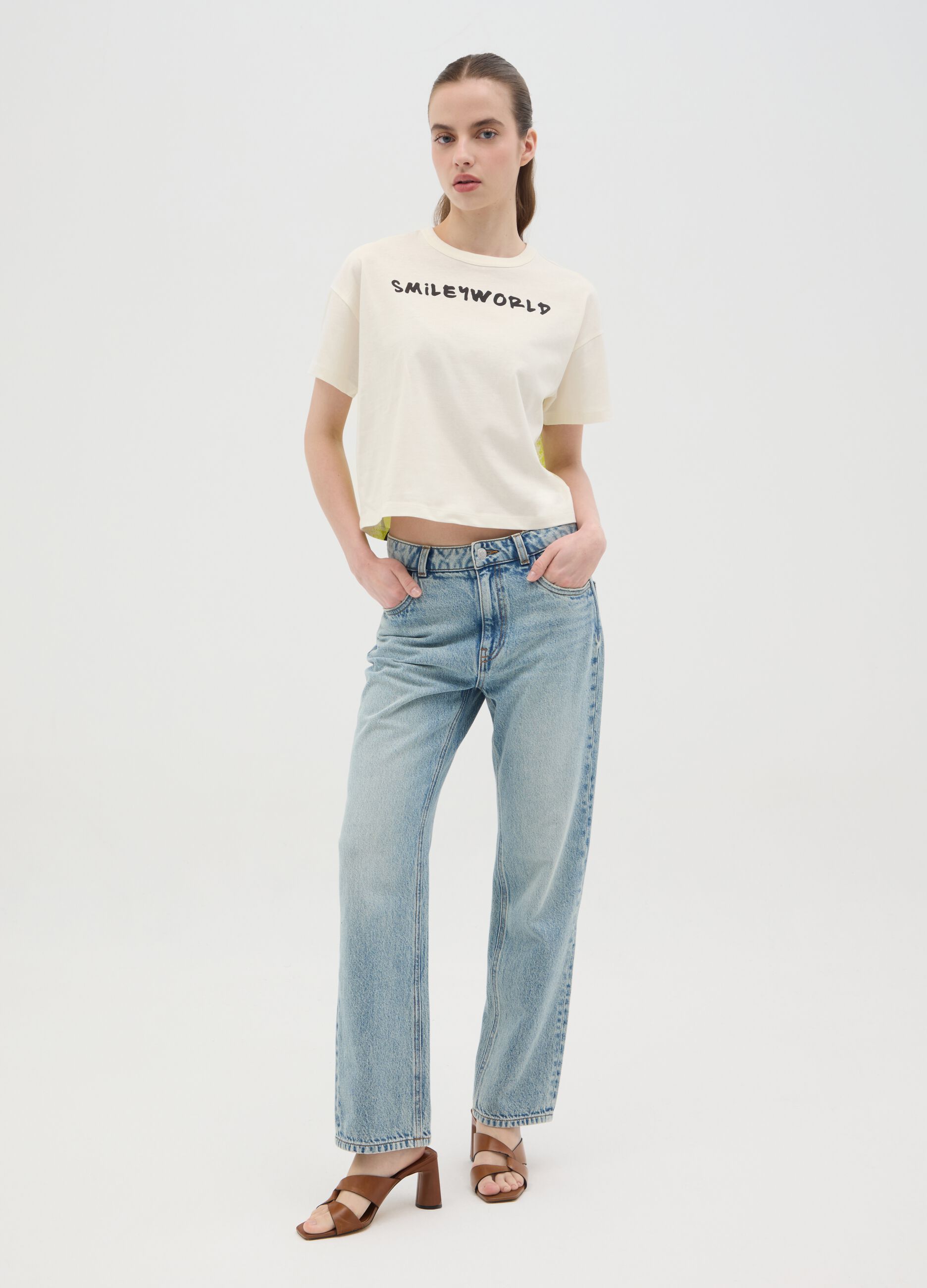 T-shirt da donna in puro cotone multicolor regular fit con stampa 