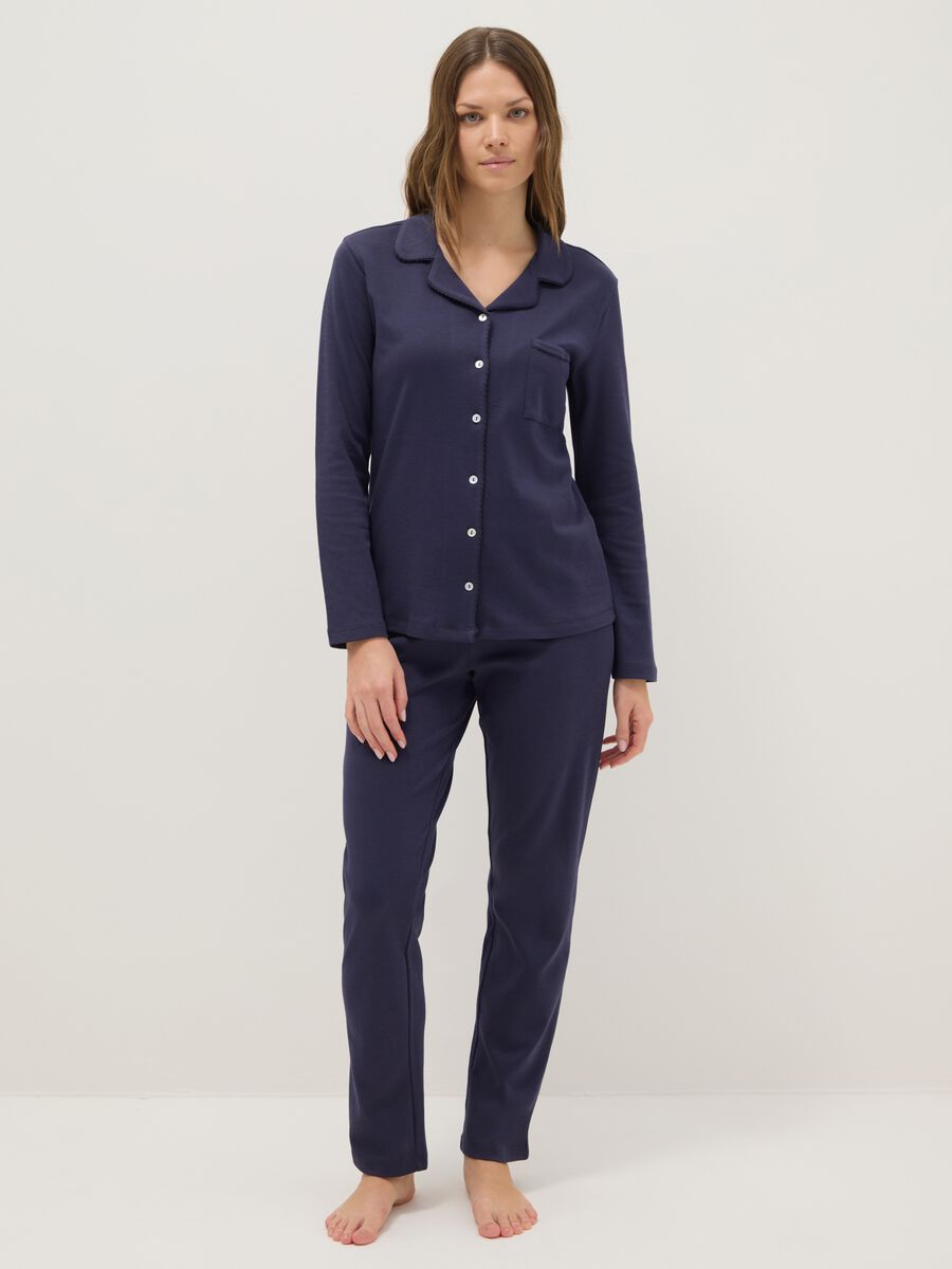 Blue pure cotton regular fit pyjamas with chest pocket and V-neck_0