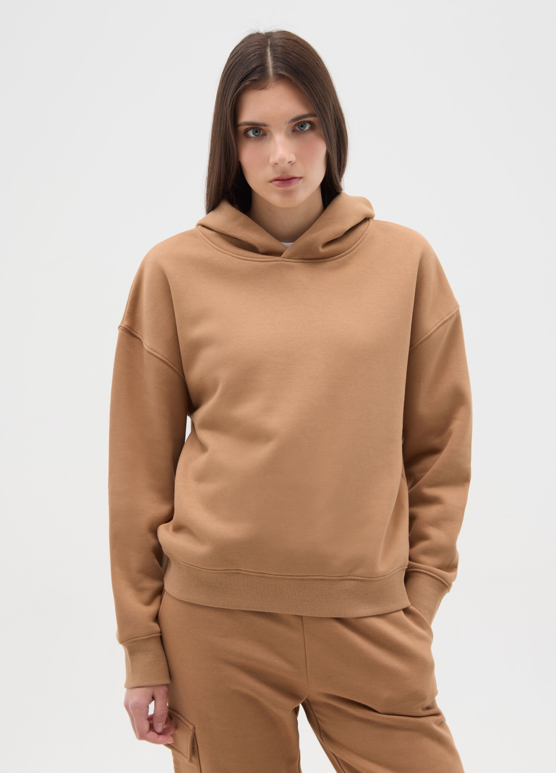 Brown cotton blend regular fit hoodie