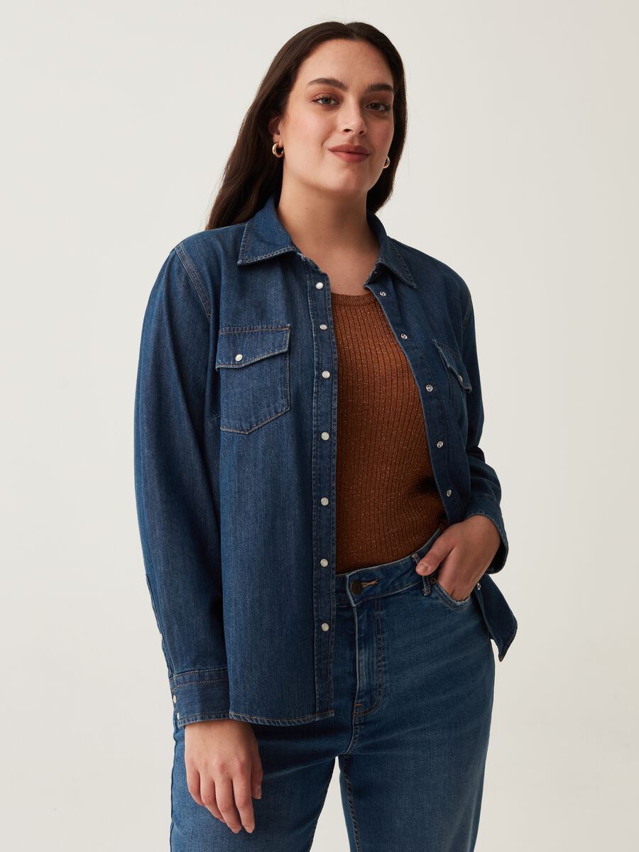 Camicia in denim con bottoni perlati Curvy_0