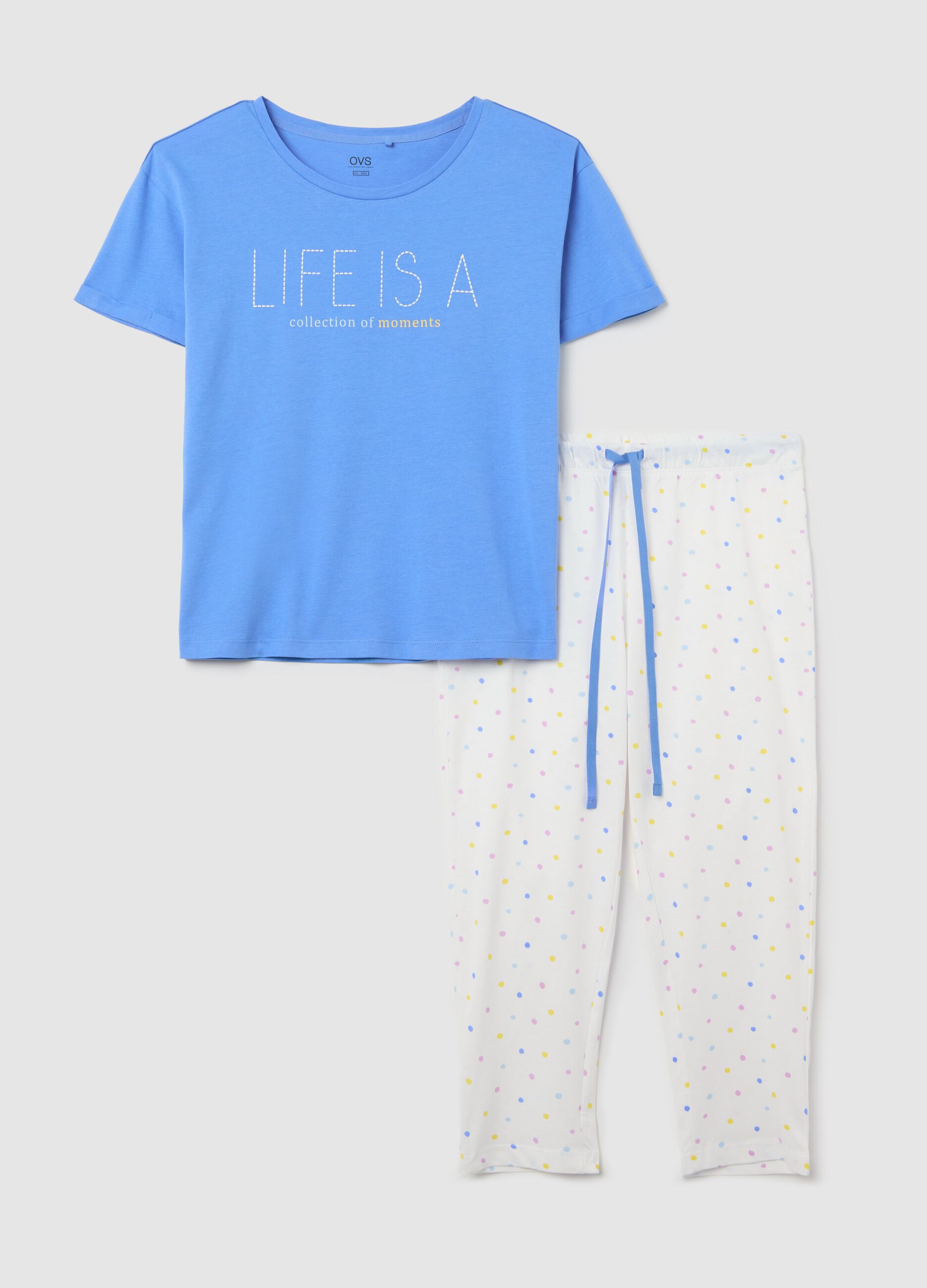Pigiama in cotone bianco e azzurro con stampa