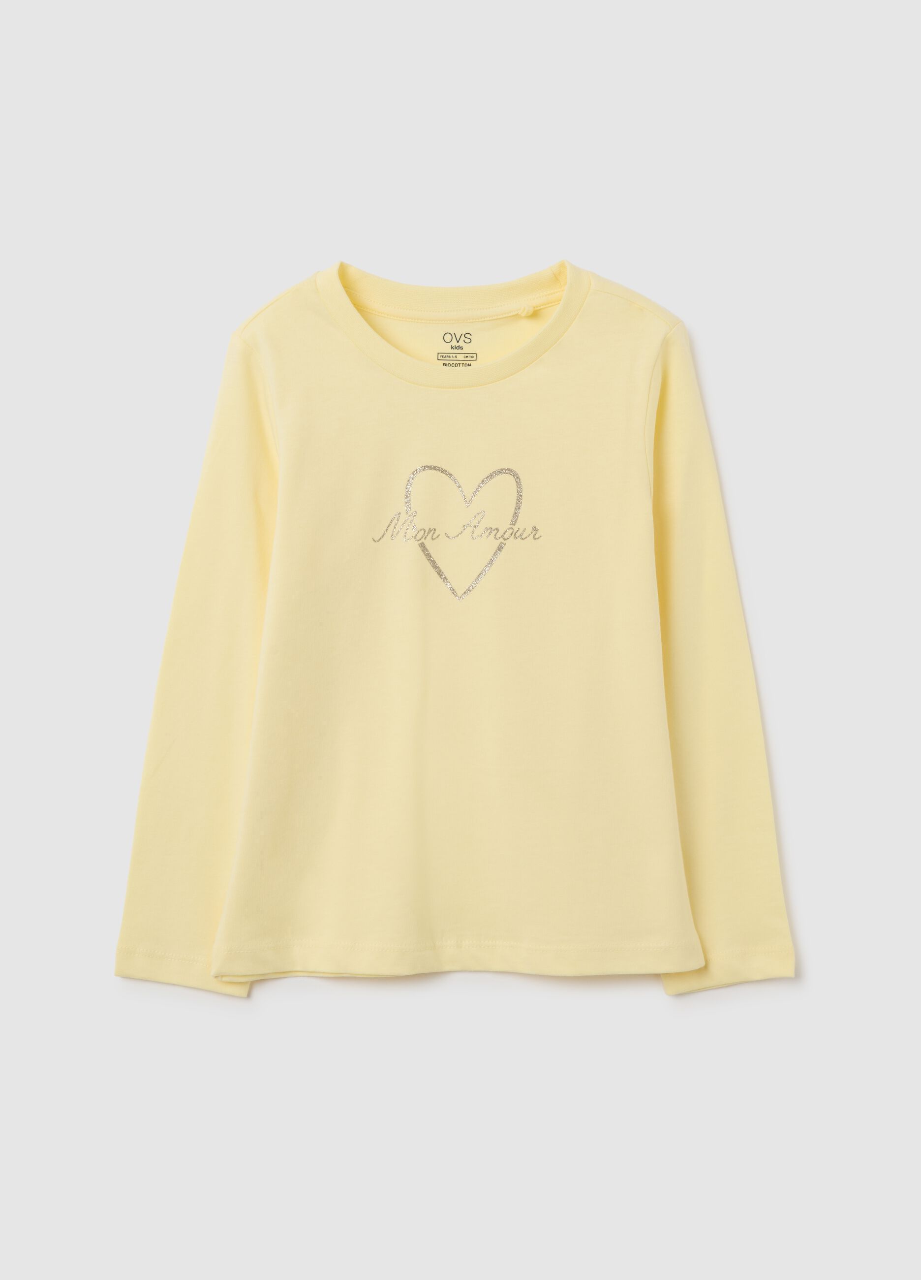 Girls' yellow pure cotton T-shirt with glitter