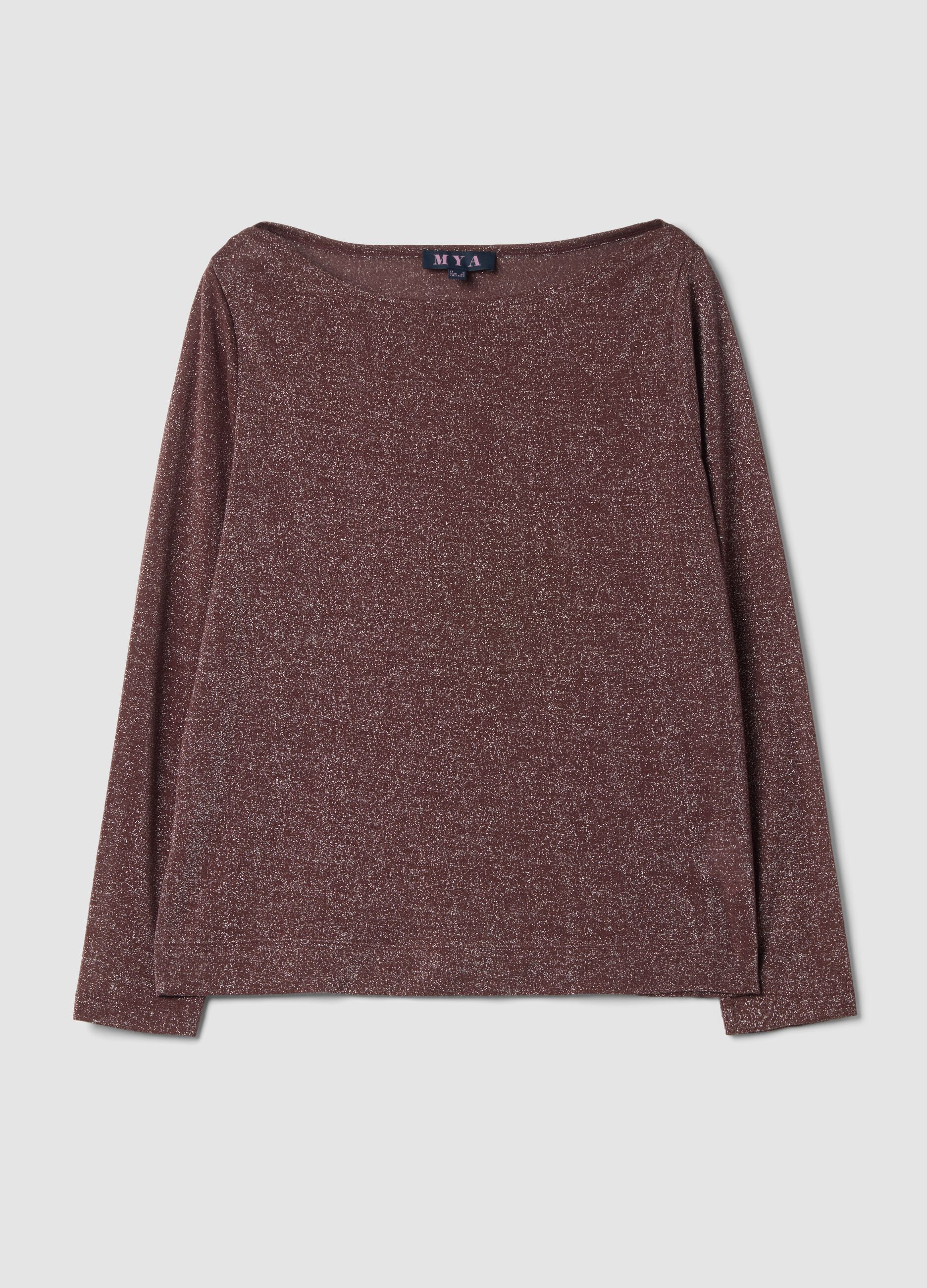 Brown boat-neck T-shirt with lurex threads