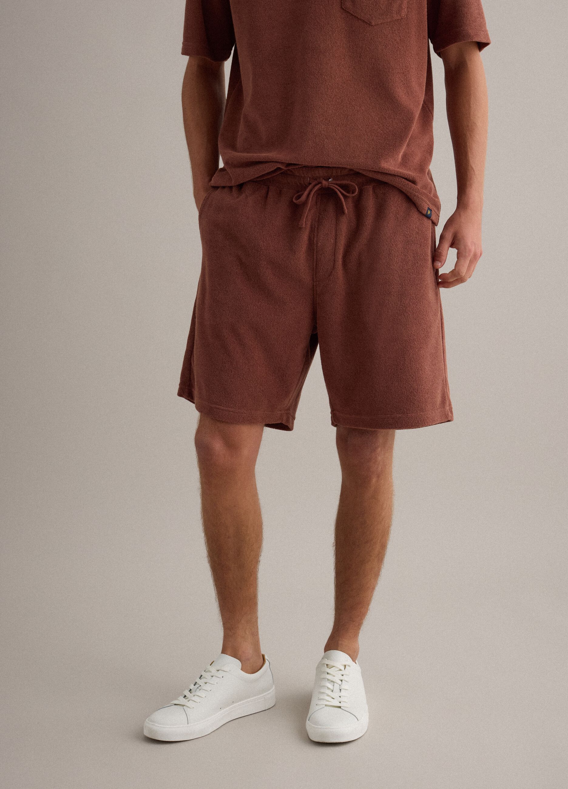 Brown cotton-blend Bermuda shorts with elasticated waist