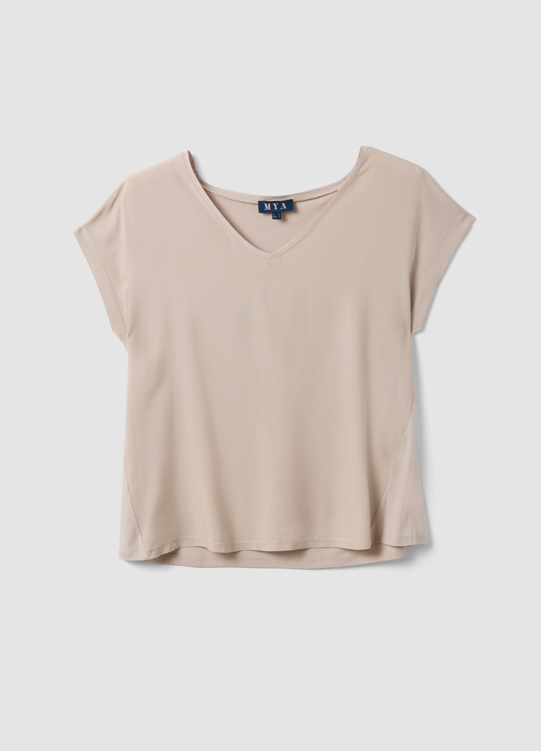 Beige pure viscose V-neck T-shirt, regular fit