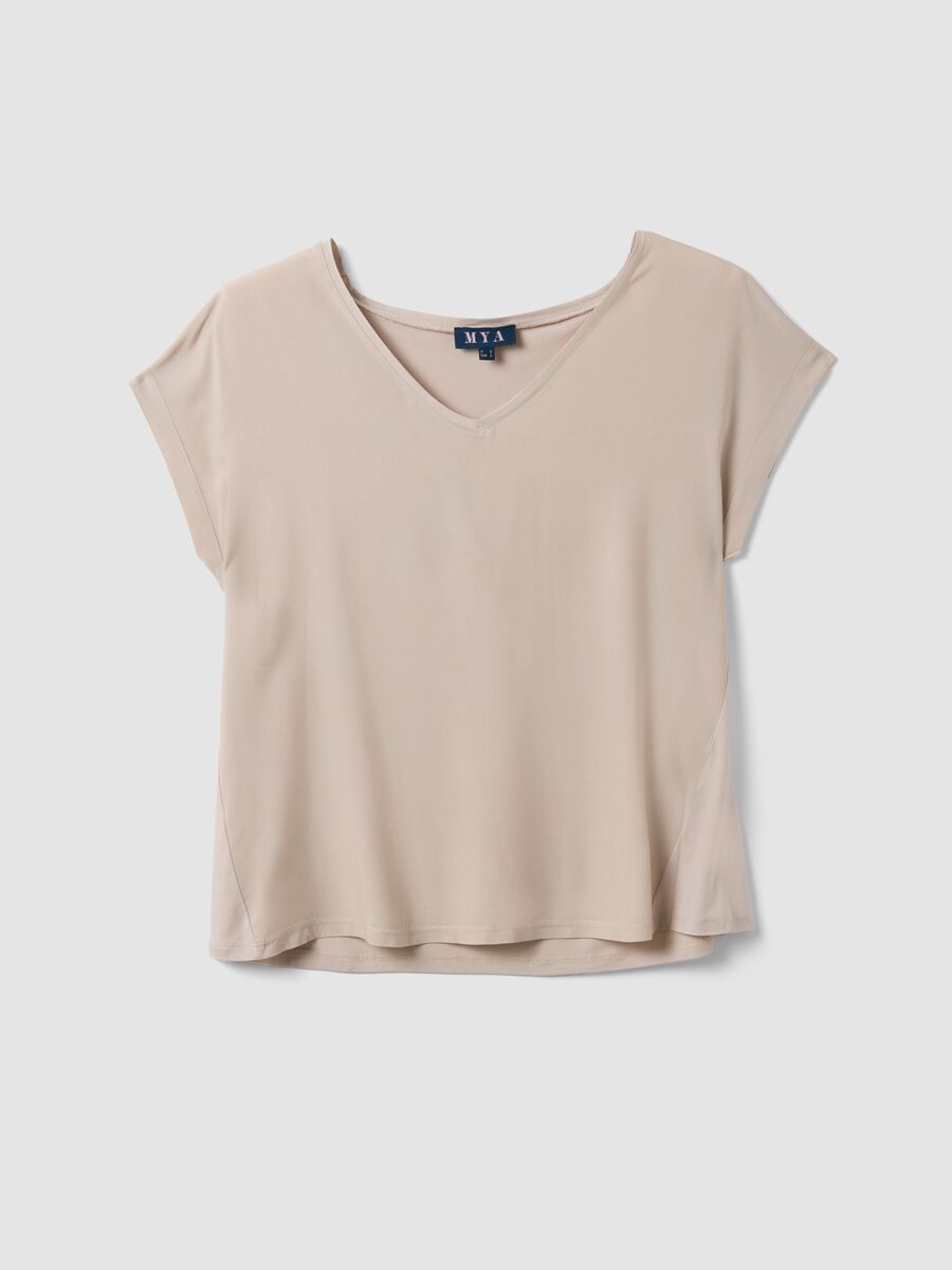 Beige pure viscose V-neck T-shirt, regular fit_0