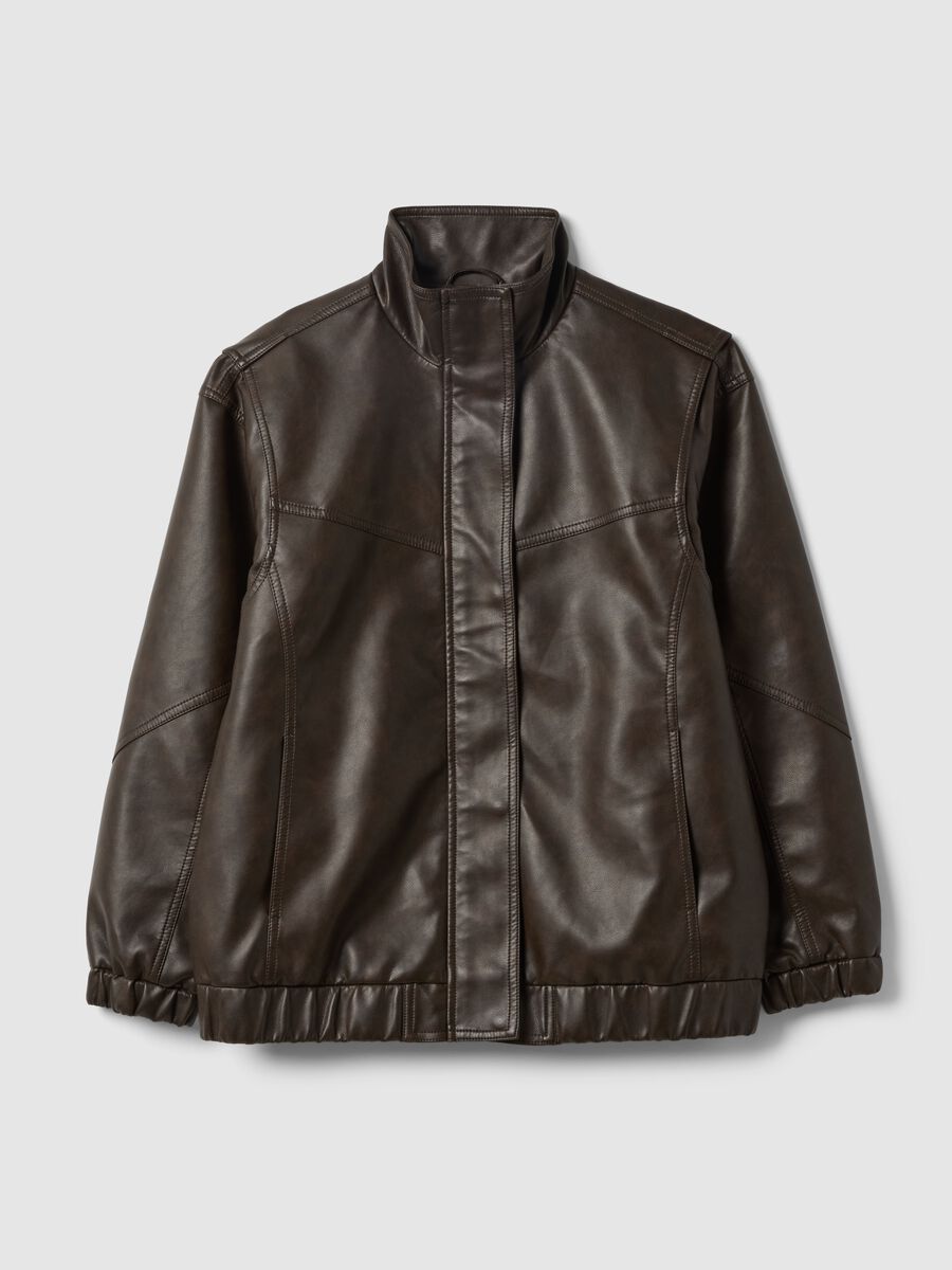 Brown biker jacket over fit with zip and buttons_4