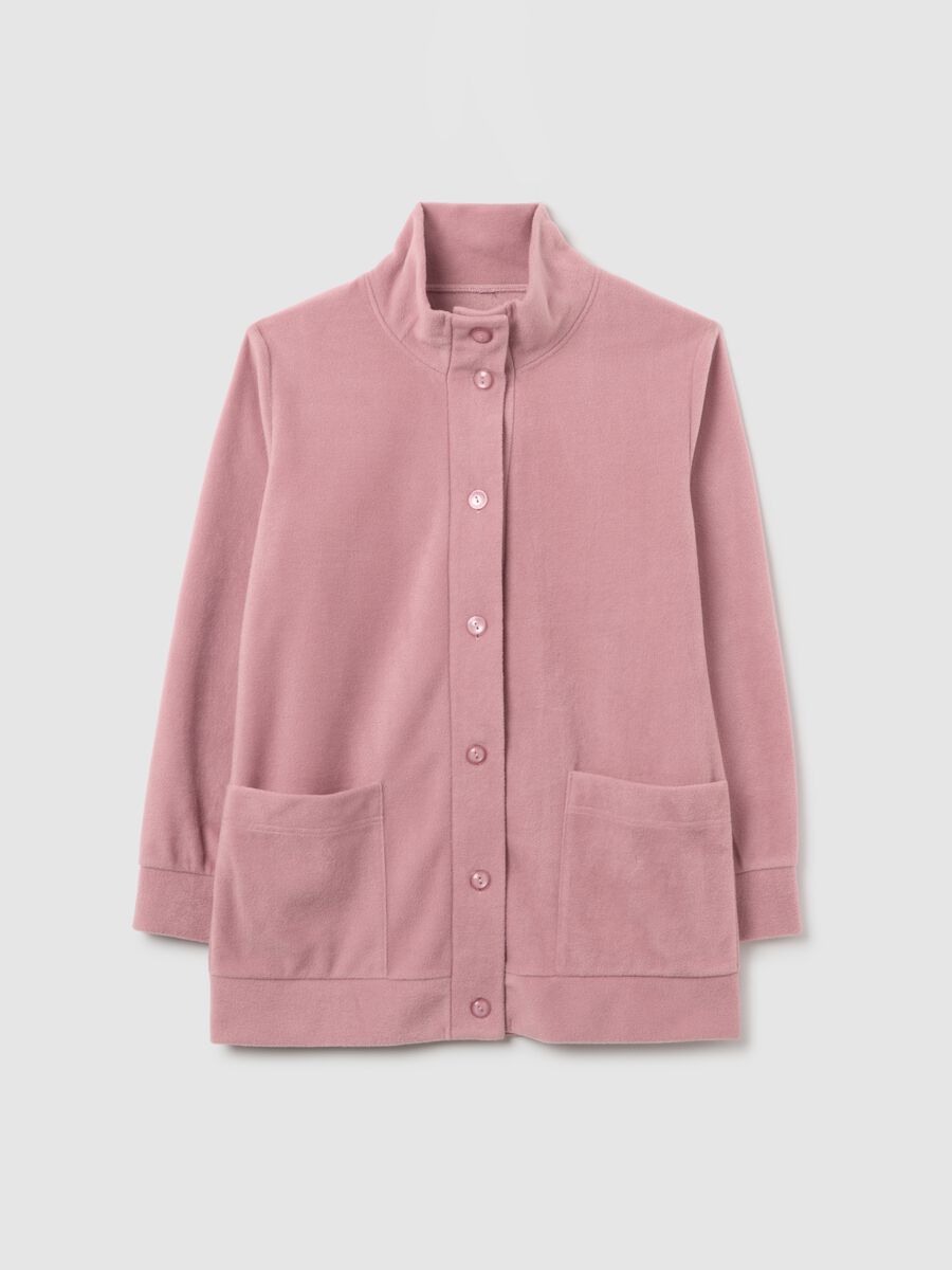 Pink fleece dressing gown with buttons and pockets_4