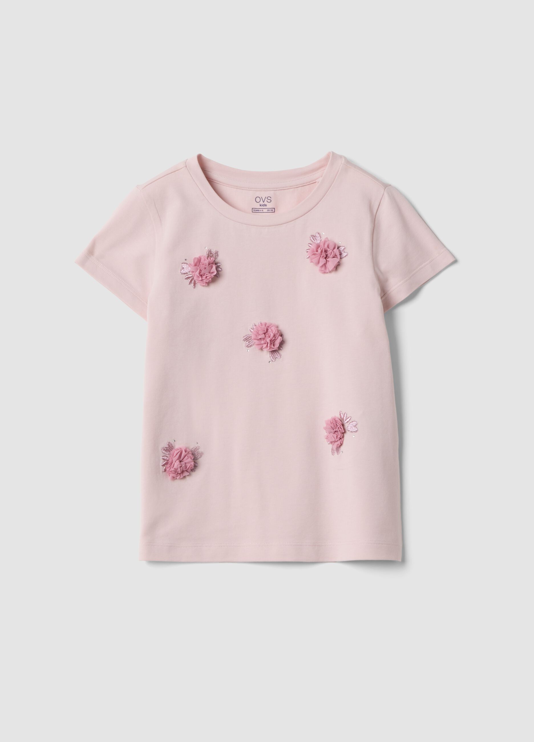 Pink short-sleeved stretch cotton T-shirt with floral appliqu&eacute;s