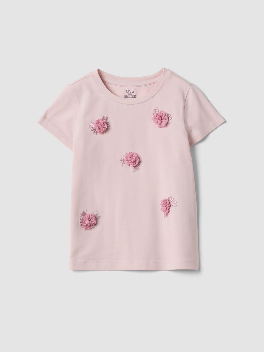 Pink short-sleeved stretch cotton T-shirt with floral appliqu&eacute;s_0