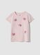 Pink short-sleeved stretch cotton T-shirt with floral appliqu&eacute;s_0