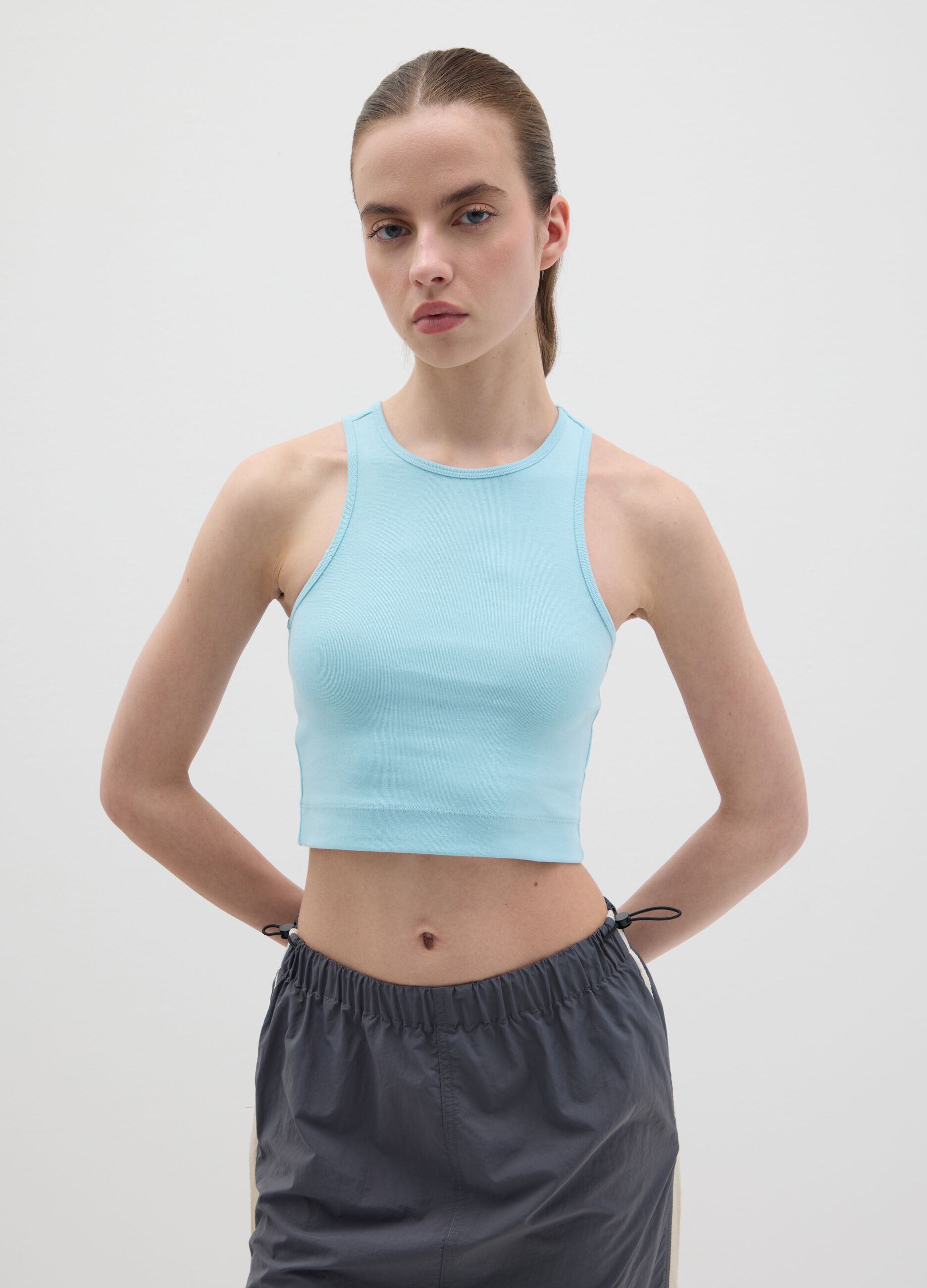 Sleeveless blue stretch cotton top
