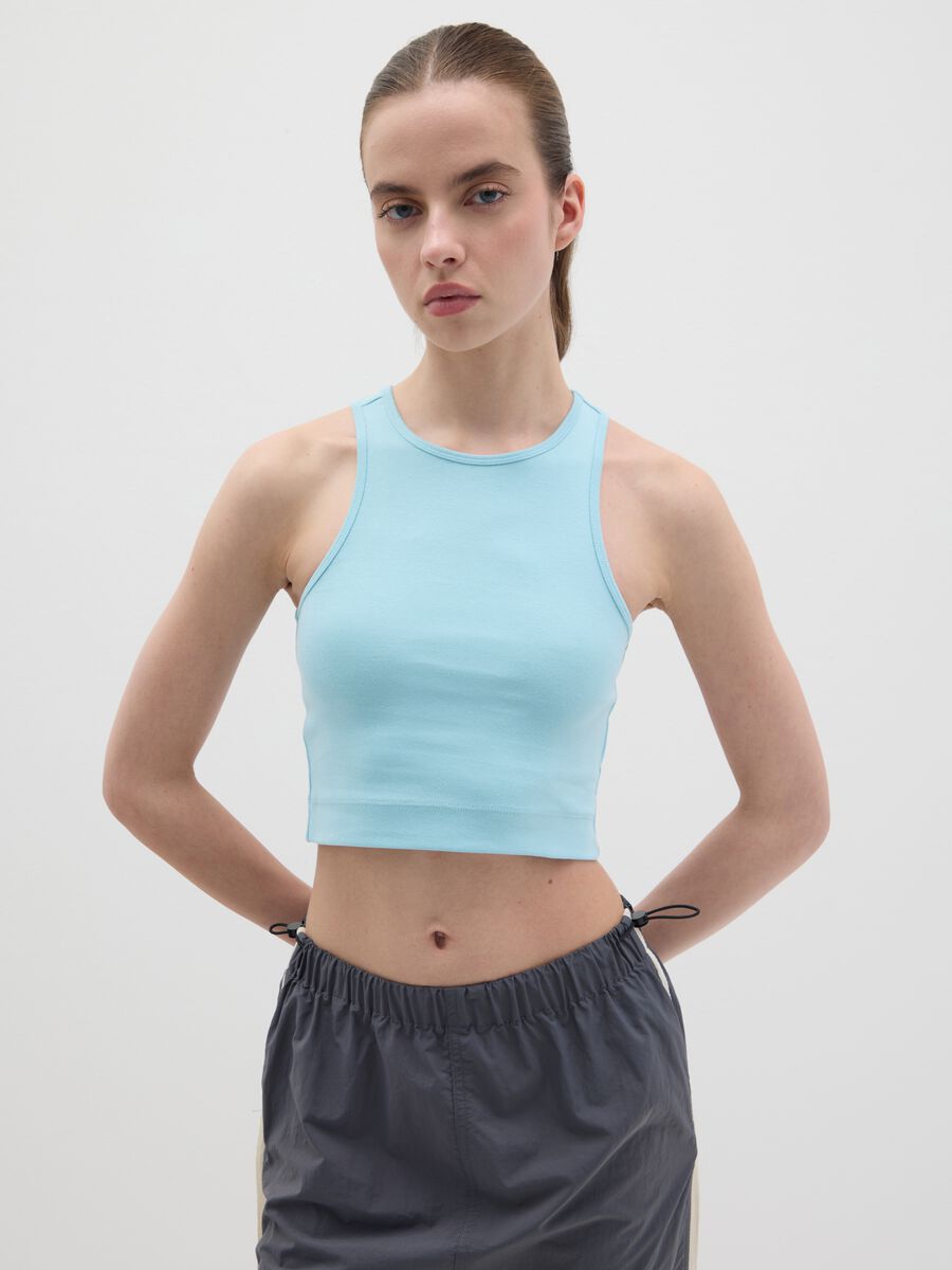 Sleeveless blue stretch cotton top_0