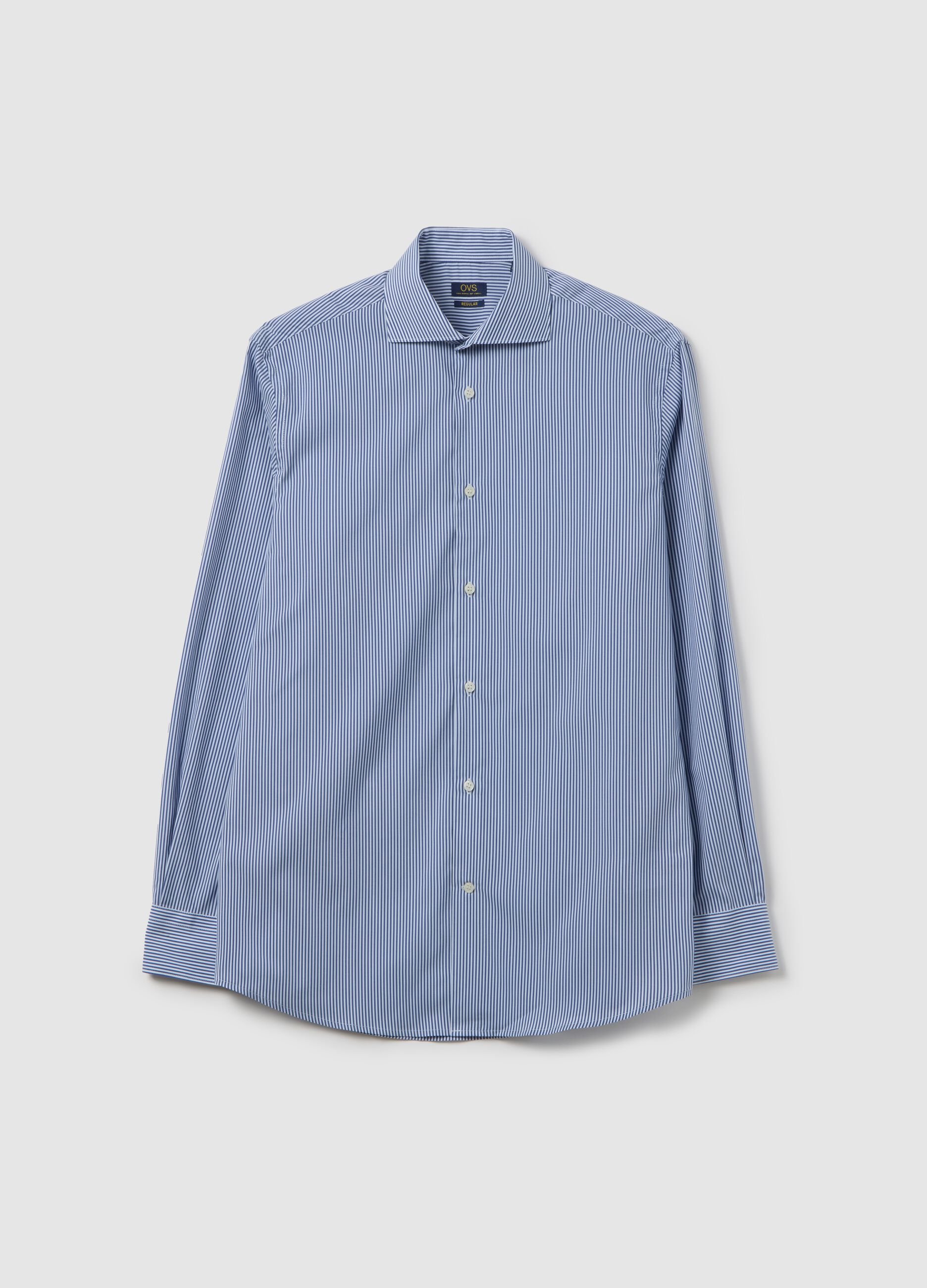 Blue slim stripe shirt with French collar and buttons