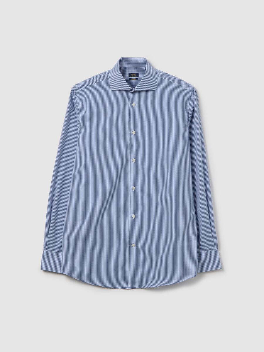 Blue slim stripe shirt with French collar and buttons_0