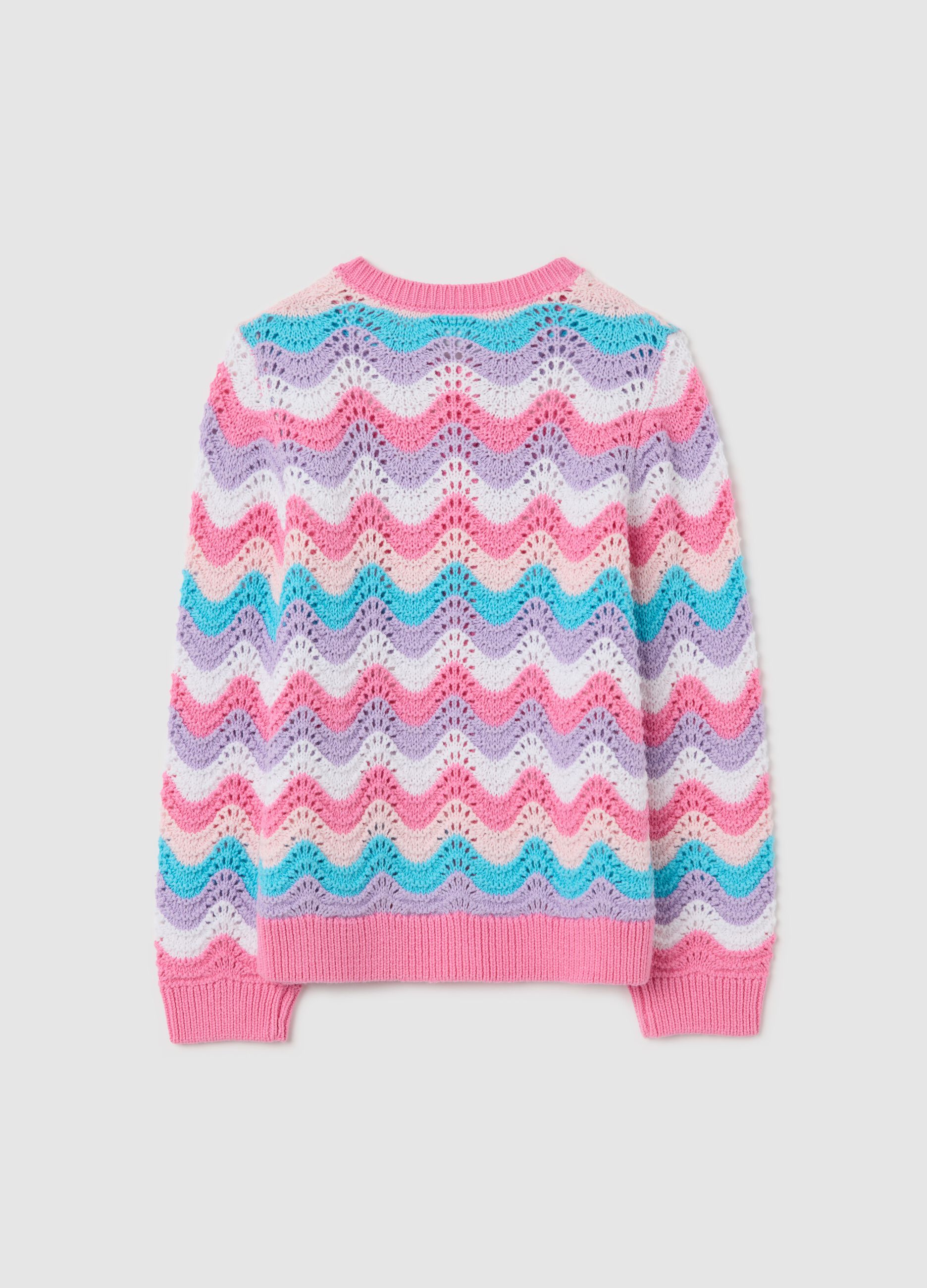 Pink and light blue cardigan with striped openwork design