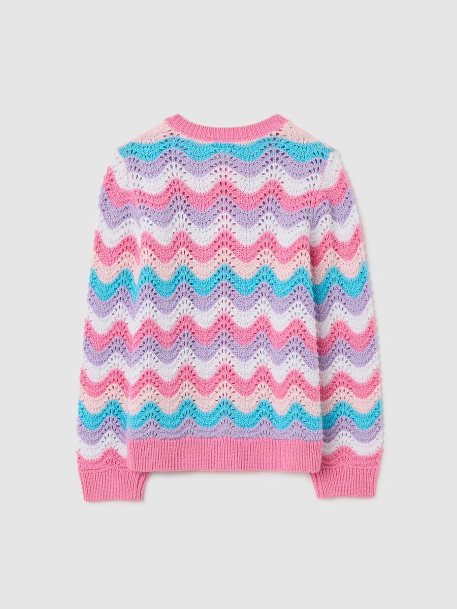 Pink and light blue cardigan with striped openwork design_1