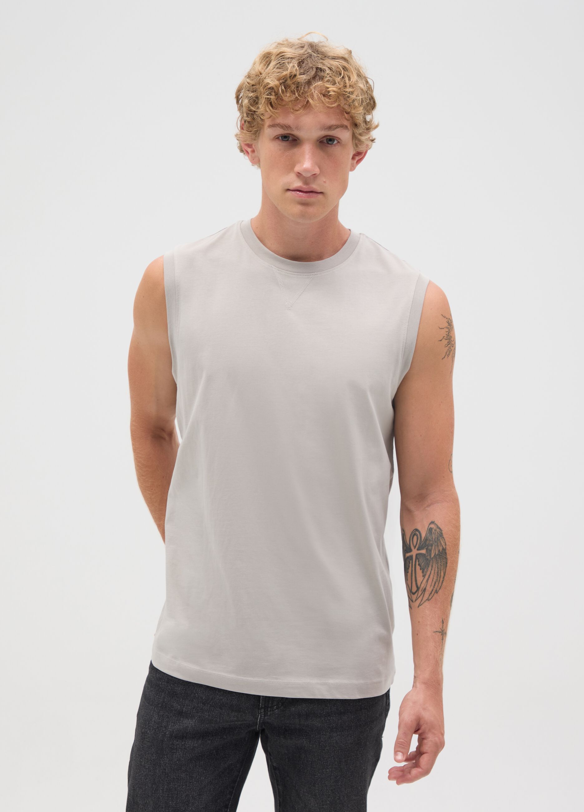 Men's Beige Oversized Pure Cotton Vest - Regular Fit