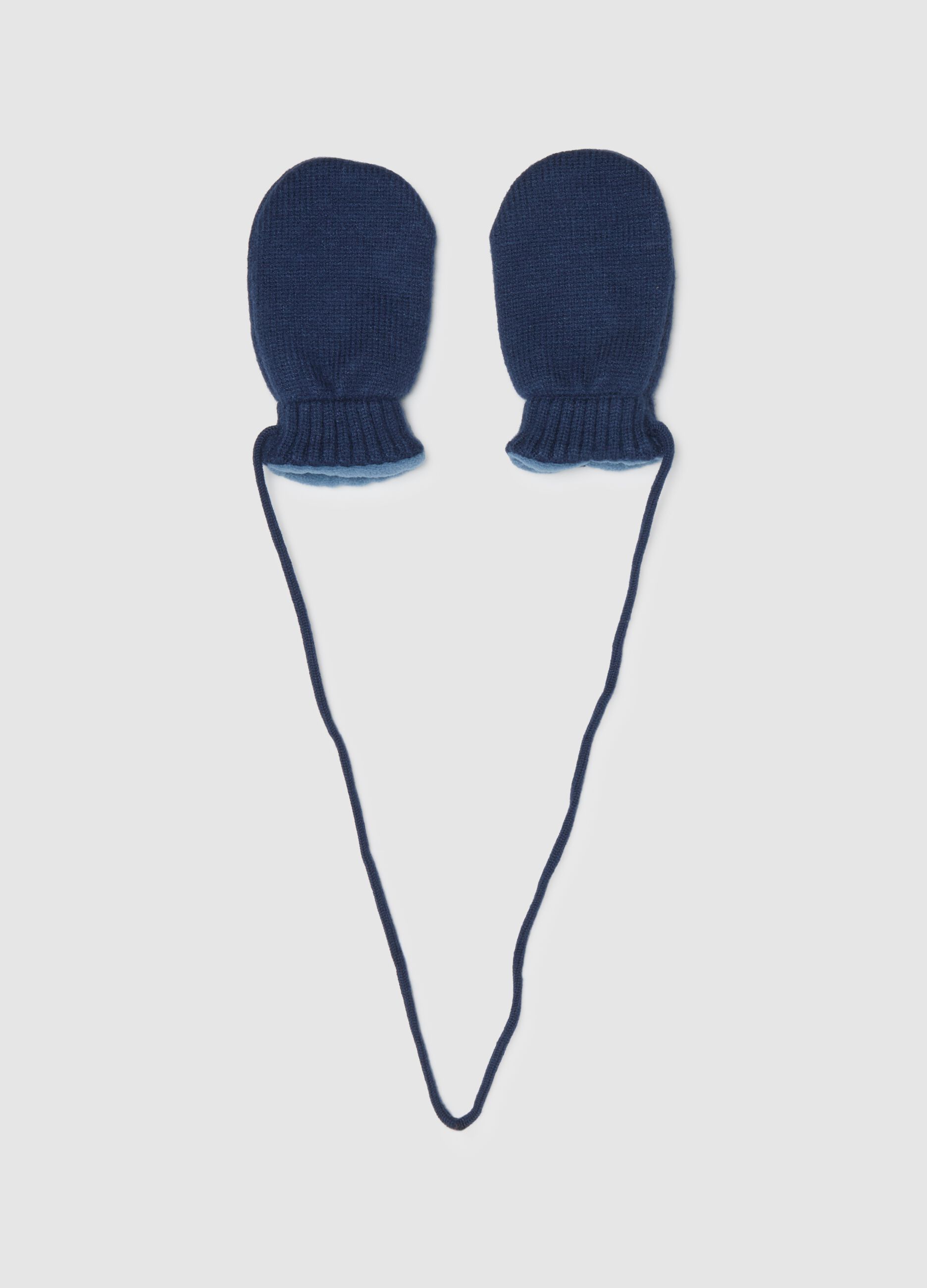 Blue children's mittens with cord