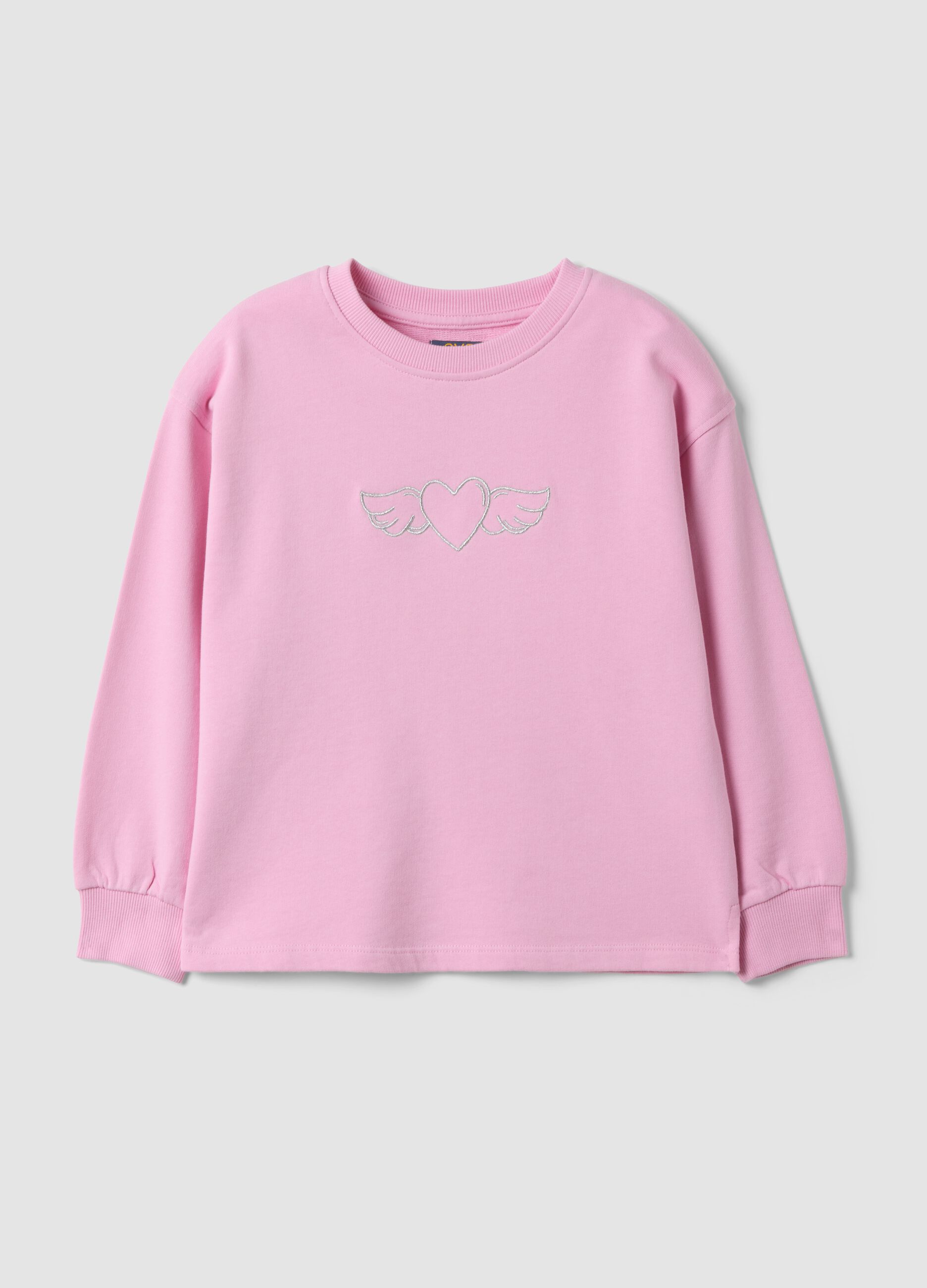Pink pure cotton crew-neck sweatshirt with heart print for girls