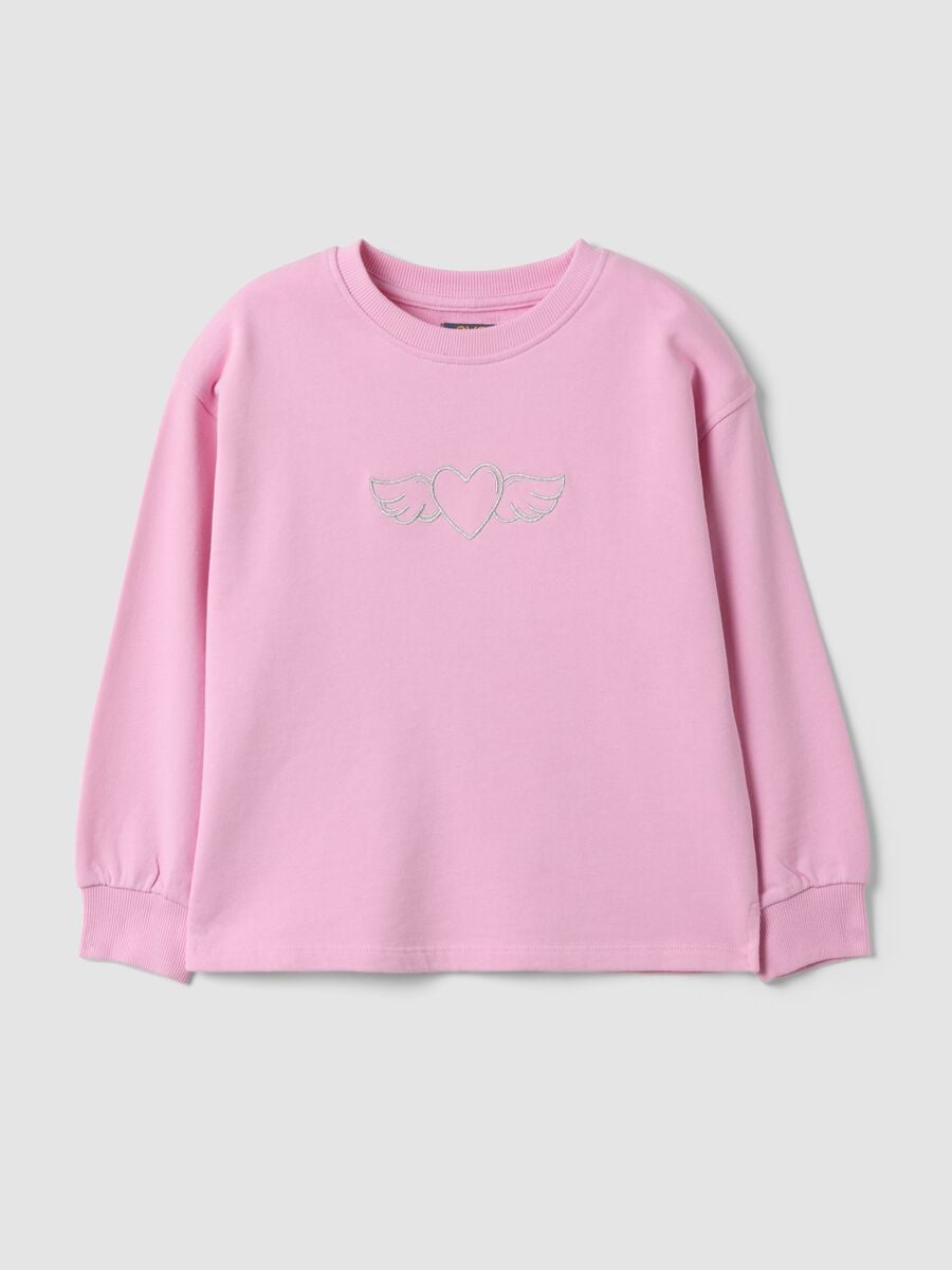 Felpa rosa in puro cotone con girocollo e stampa cuori per bambina_0