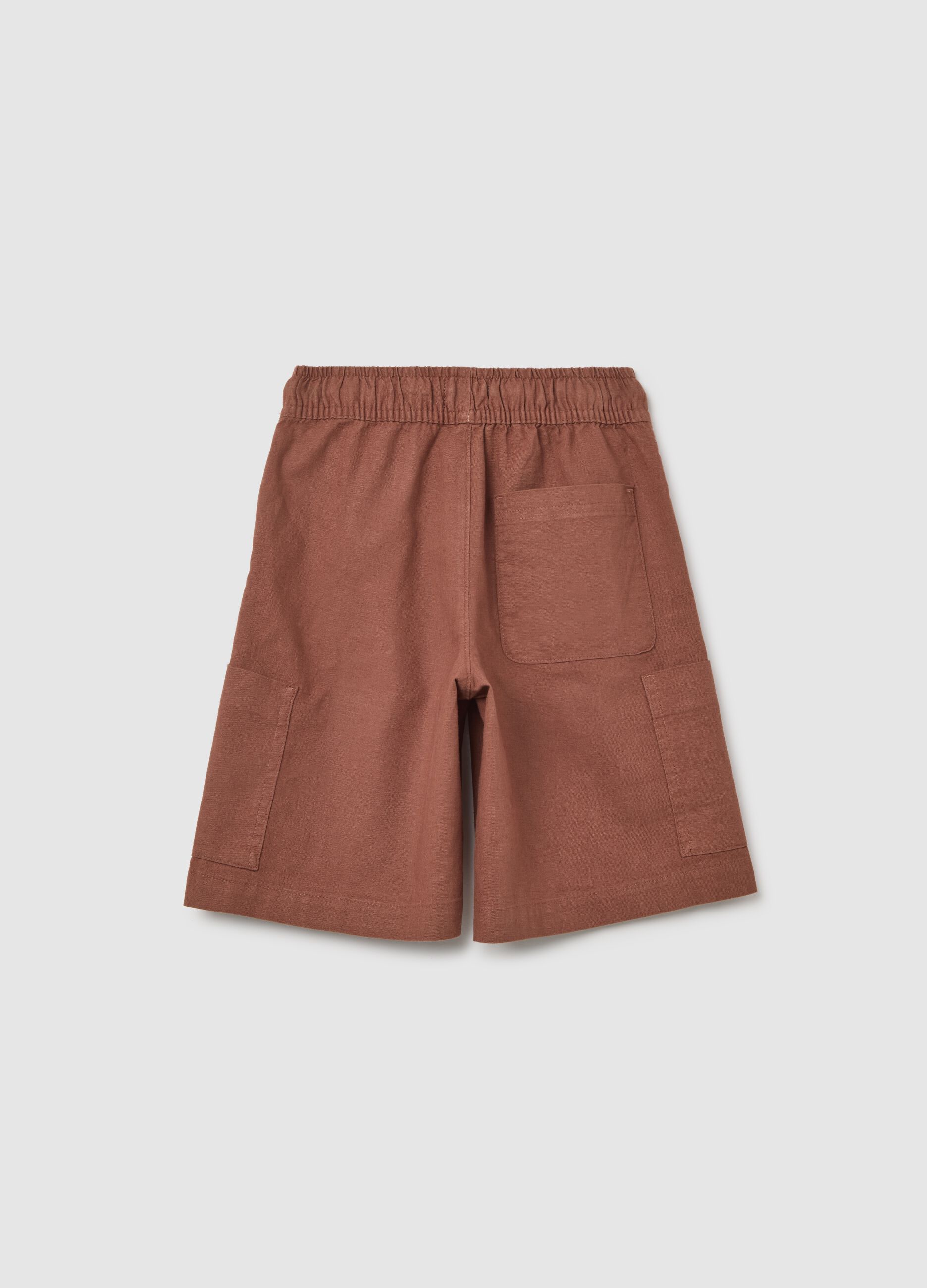 Children's regular fit brown linen blend shorts with cargo pockets