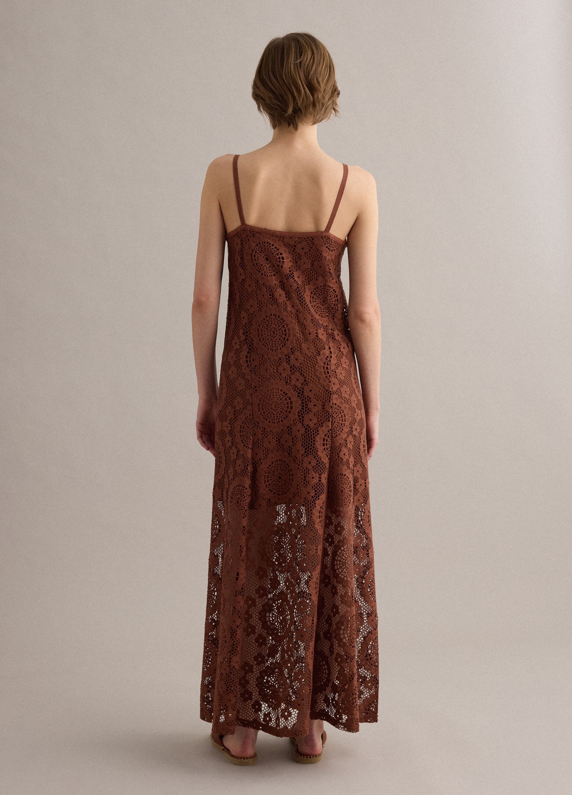 Long brown crochet dress with V-neck, regular fit