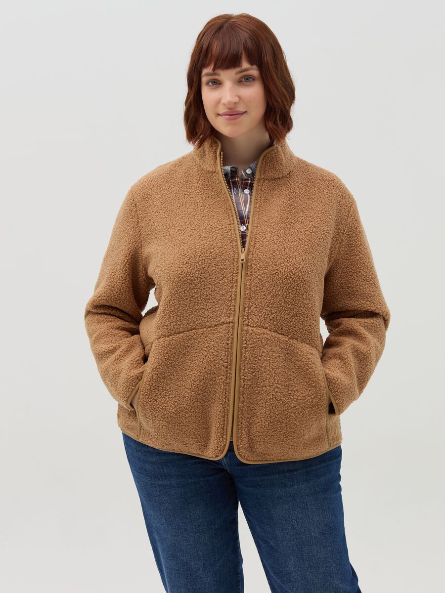 Curvy short bouclé jacket with piping_0