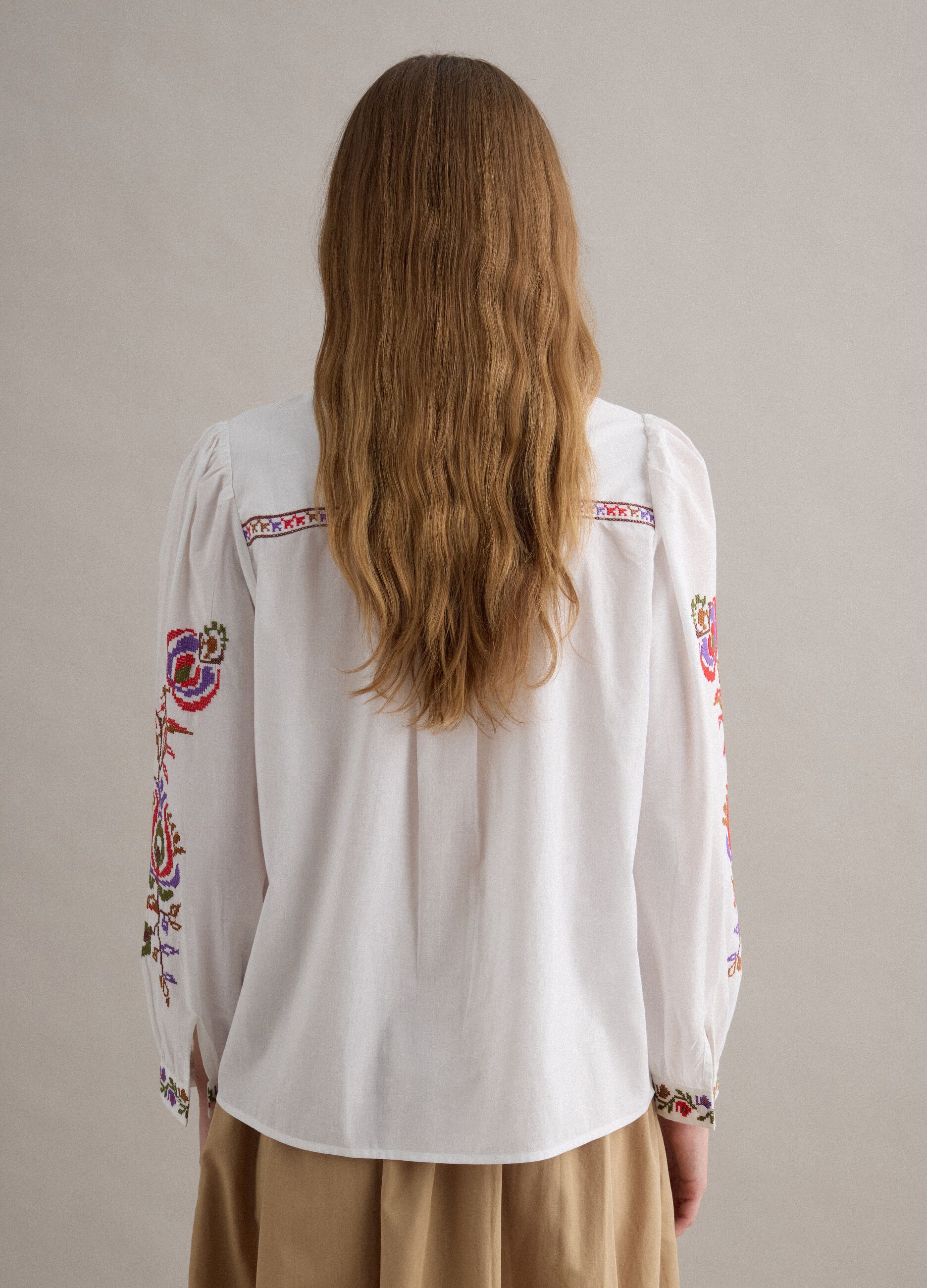 White pure cotton shirt with colourful embroidery