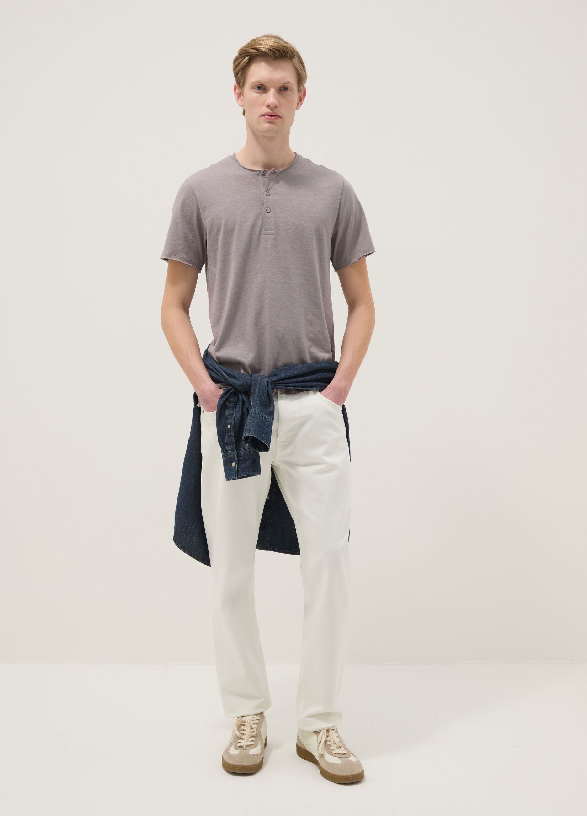Grey pure cotton regular fit T-shirt with henley collar