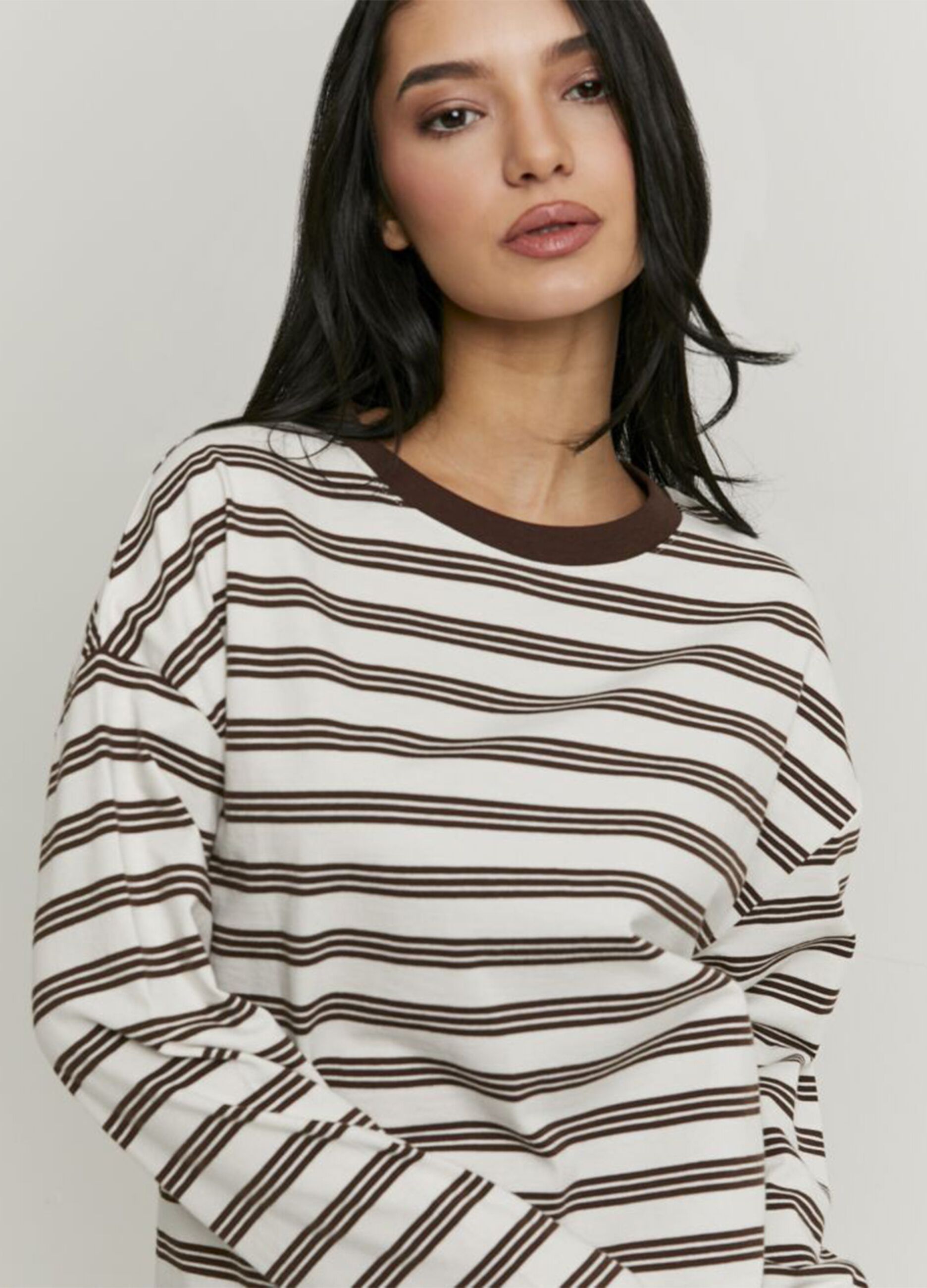 White pure cotton regular-fit T-shirt with brown stripes