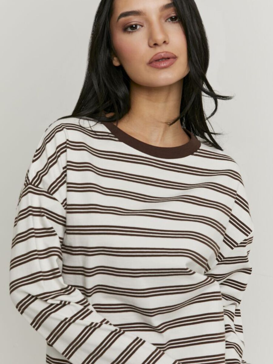 T-shirt bianca a righe marroni in puro cotone regular fit_2