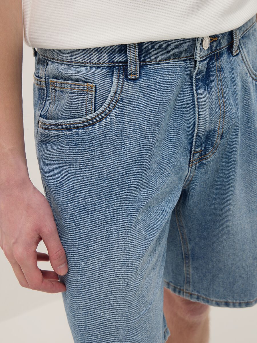 Blue Slim Fit Cotton Blend Denim Shorts_3