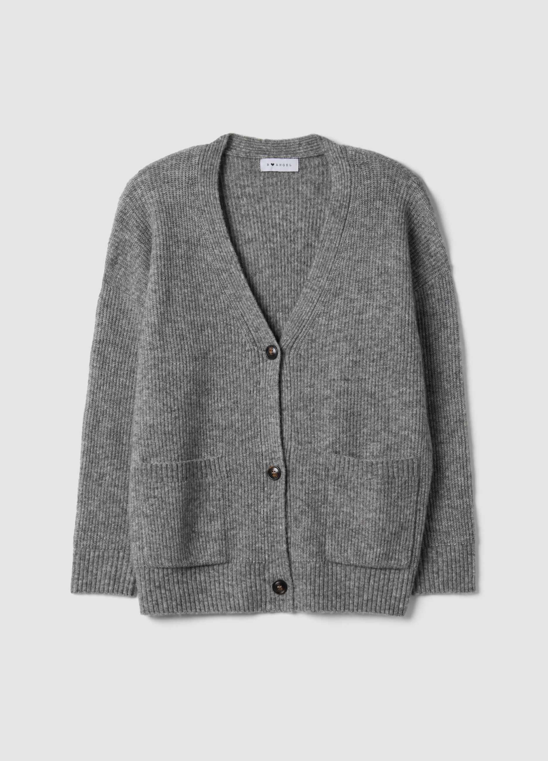 Cardigan grigio in tessuto elasticizzato con scollo profondo a V
